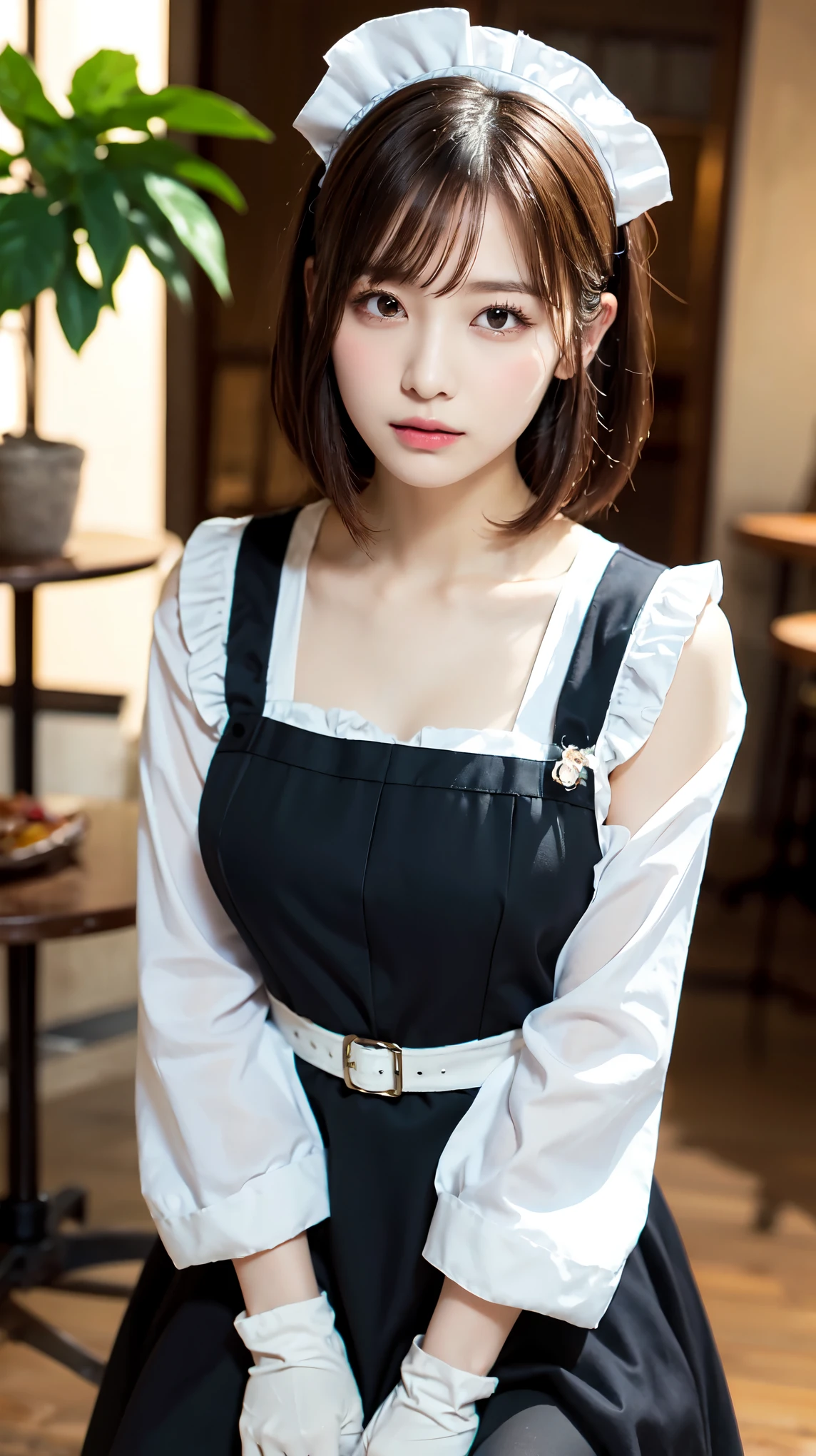 Innocent 20 year old girl、((Maids, A dark-haired, pinafore, Maid headdress, Single hair bun, Hair buns, maid apronl, Dramatic poses)),Smile,Modern room,short-cut、Raw photo, (8K、top-quality、masterpiece:1.2)、(intricate detailes:1.4)、(Photorealsitic:1.4)、octane renderings、Complex 3D rendering ultra detail, Studio Soft Light, Rim Lights, vibrant detail, super detailing, realistic skin textures, Detail Face, Beautiful detail eyes, Very detailed CG Unity 16k wallpaper, make - up, (detailedbackground:1.2), shinny skin, Full body,Hands down、sitting with open legs