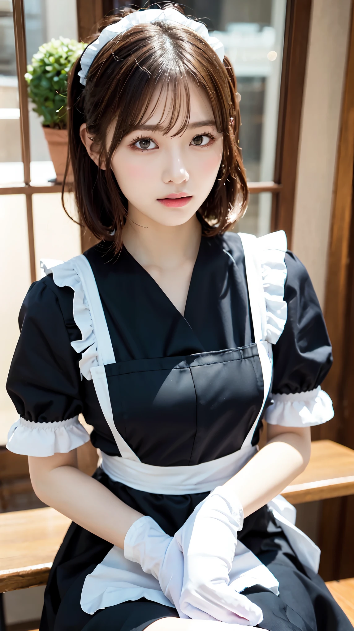 One Girl, apron, Black dress, blush, Braiding, dress, Eyebrows visible through hair, Frills, gloves, Hair between the eyes, jewelry, Juliet Sleeve, Long sleeve, Maid, Maid apron, Maidの頭飾り, Puffy sleeves, short hair, Sitting, White apron, window, Huge 、Nogizaka Idol、Korean Idol、Gravure idol pose、actress、Age 25、expensive、Cafe、restaurant, Official Art,Highly detailed CG Unity 8k wallpaper, (masterpiece:1.0),(highest quality:1.0), photo shoot, 8k, Browsing Caution, High resolution, Kodak Portrait 400, Film Grain, Lens flare brilliance,Show Viewer