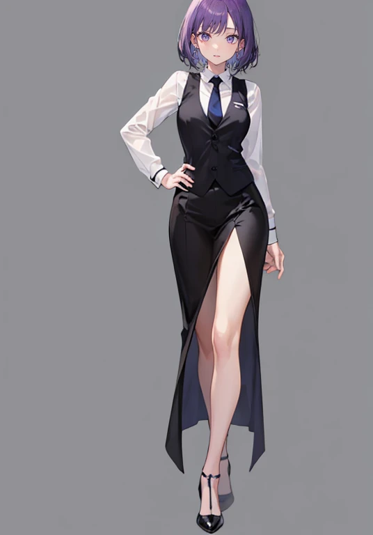 ((Perfect Face)),Purple Hair,Shortcuts,1 female,bartender,suit,Black vest,Shirt with rolled up sleeves,tie,slit,High heels,,((Simple Background)),smile,((whole body)),((whole body)),Portraiture,virtual,upright,,Both arms are down,Standing upright with face and body facing forward,