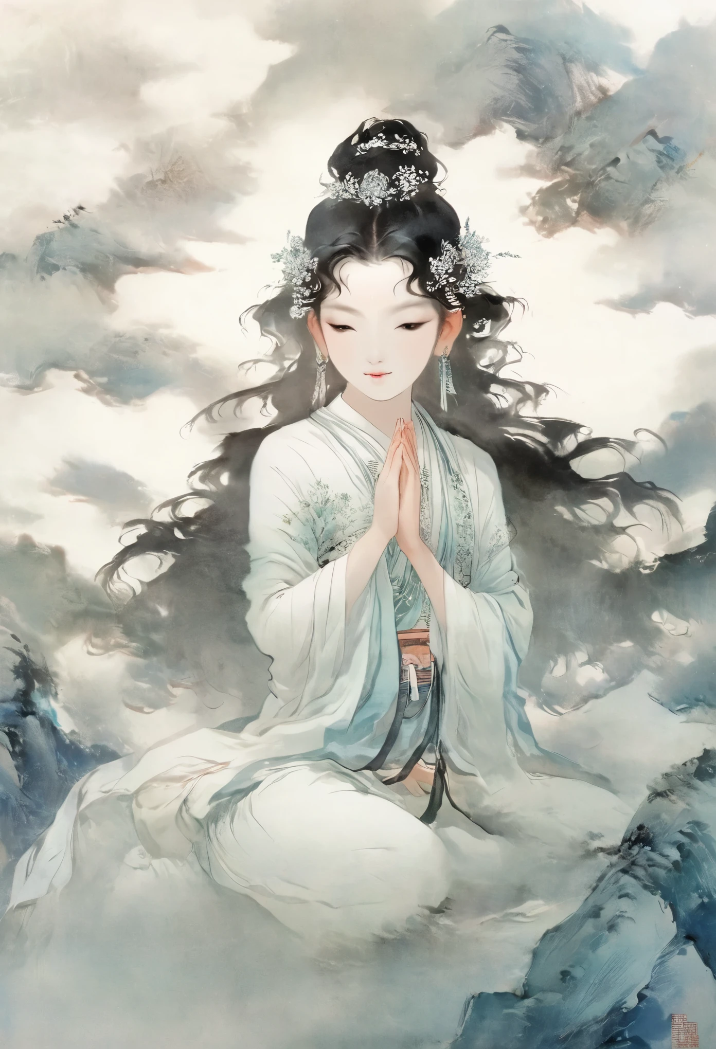 Beauty,Black hair,Black eyes,Gauze skirt,front,,symmetry,Hands together,Bodhisattva shape,Clean background,masterpiece,