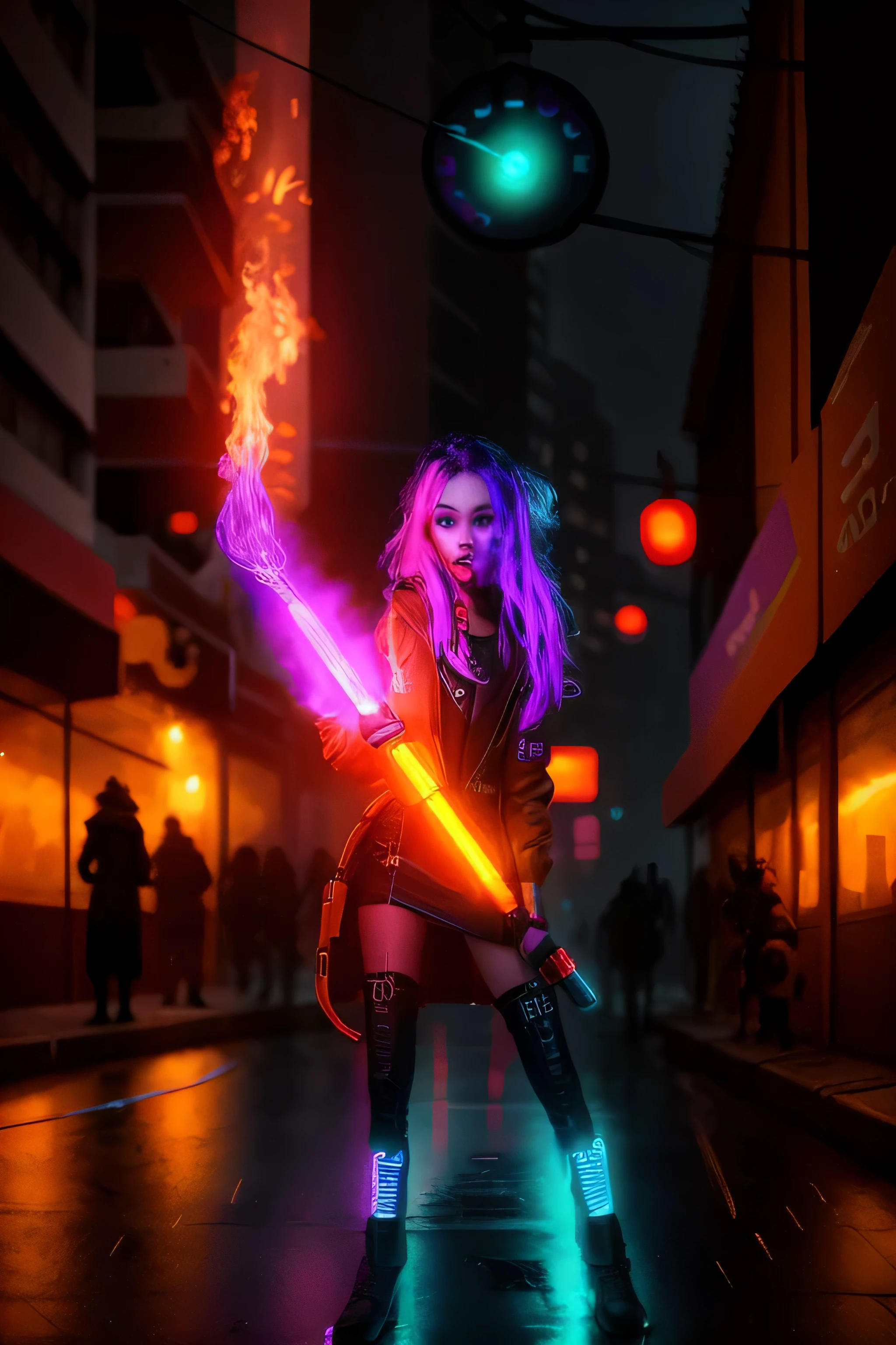 fire, girl holding a torch, cyberpunk neon night city