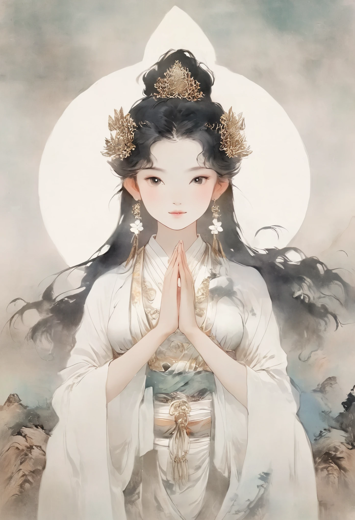 Beauty,Black hair,Black eyes,Gauze skirt,front,,symmetry,Hands together,Bodhisattva shape,Clean background,masterpiece,