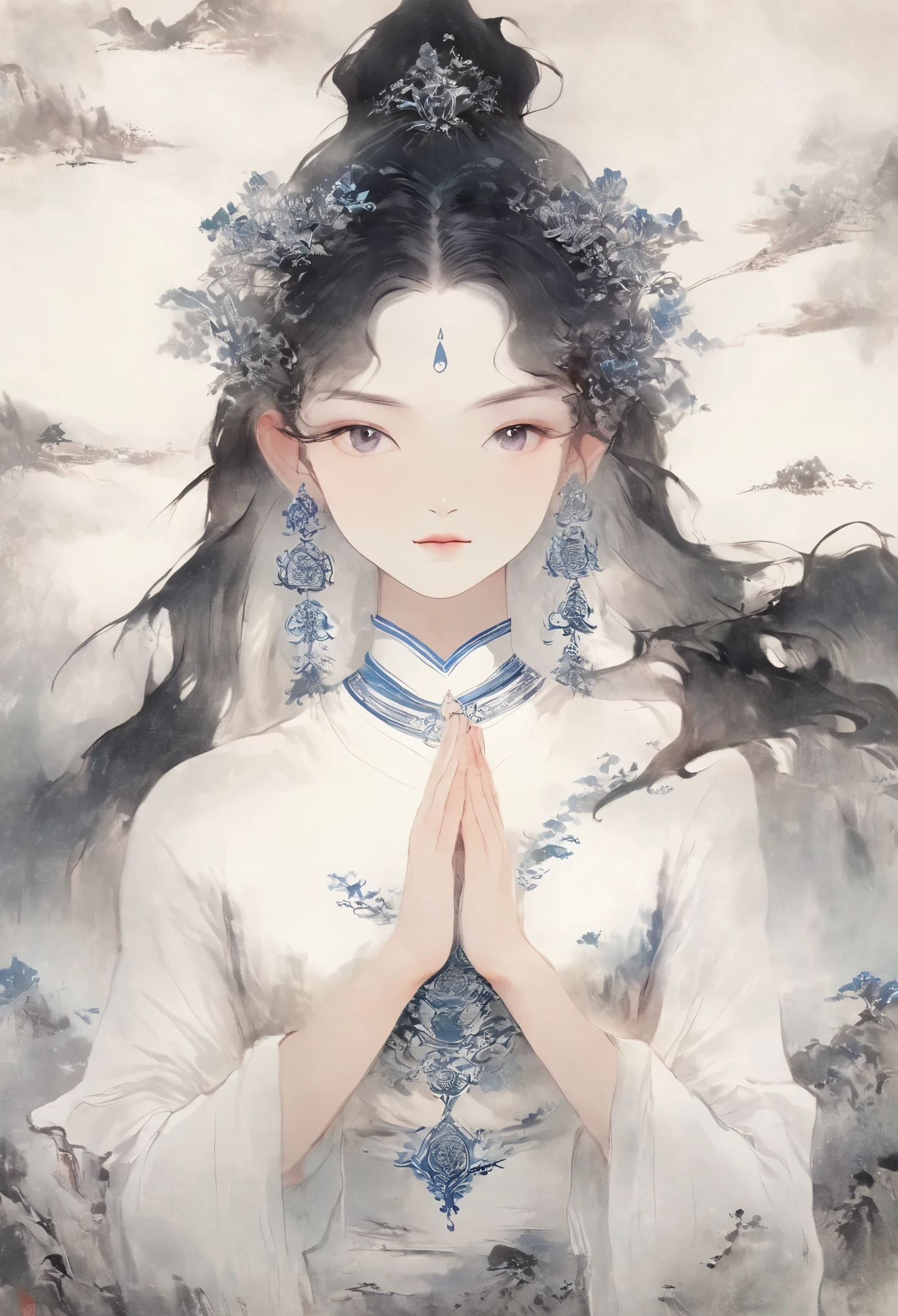 Beauty,Black hair,Black eyes,Gauze skirt,front,,symmetry,Hands together,Bodhisattva shape,Clean background,masterpiece,
