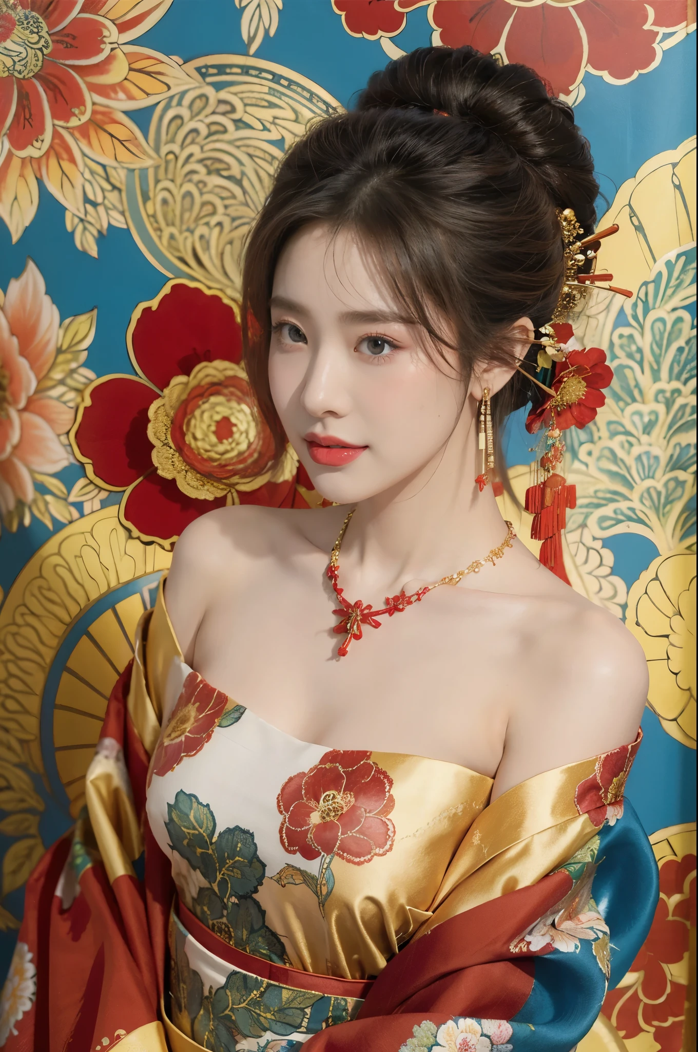 (masterpiece, top quality, best quality, official art, beautiful and aesthetic:1.2), ((1girl,solo)), extremely detailed,(fractal art:1.1),(colorful:1.1)(red flowers:1.3),highest detailed,(zentangle:1.2),(slim,thin),(happy,smile), (dynamic pose), (abstract background:1.3), (blue floral Chinese Traditional cloth:1.2),(sleeves:1.2),(shiny skin), (many colors:1.4),(earrings:1.2),(necklace:1.2),(from front:1.2),(small breasts:1.2),(flat chests:1.2)
