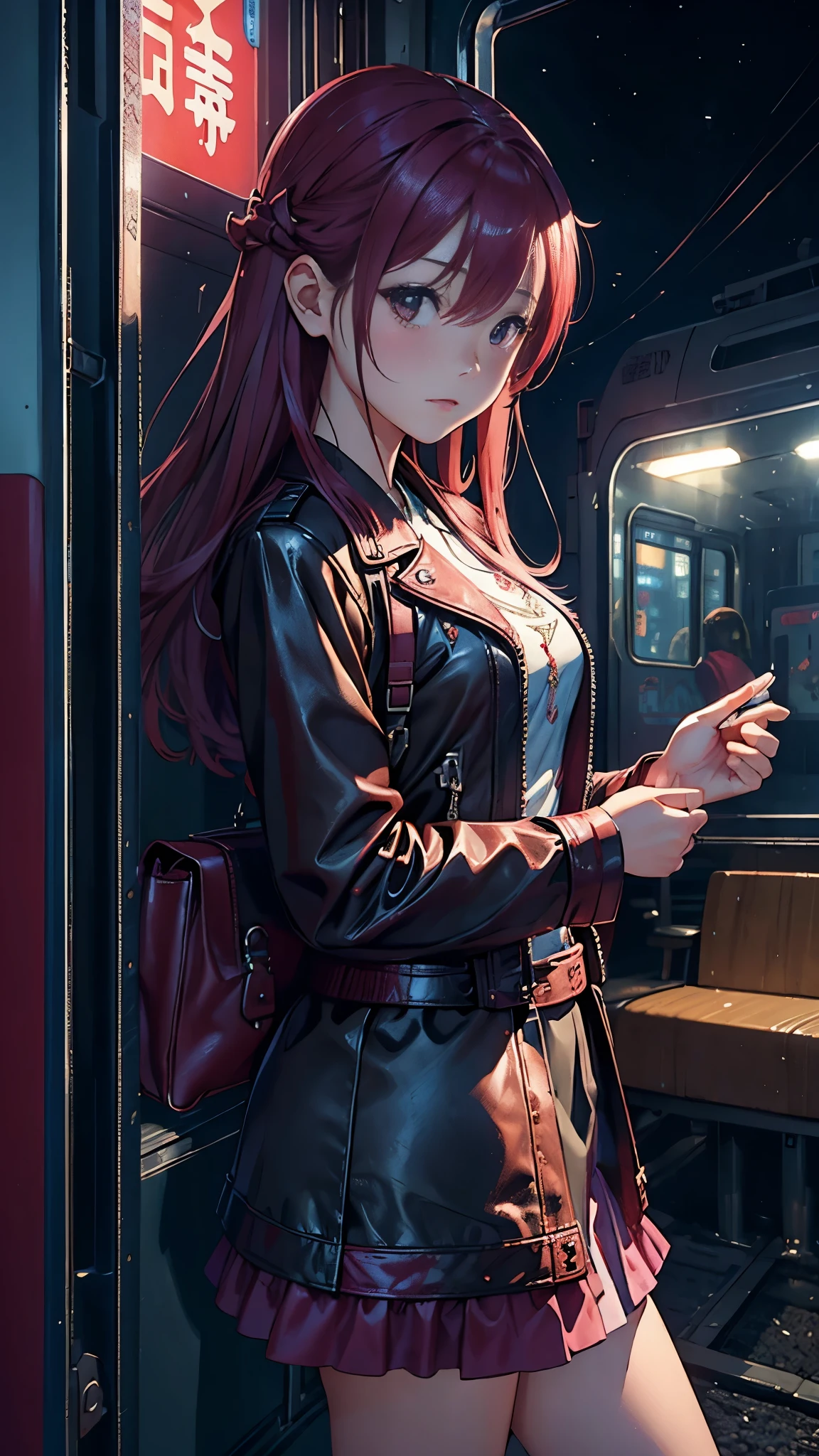 Magenta tint、Bright color works)))、(((quality)))、((Ultra Detailed))、(Surreal)、(Highly detailed CG illustrations)、official art、CD cover、This will be、midsummer、The glorious 1960s、1 girl,Cruel Beauty、Gorgeous Cochetti、Gorgeous、hair color、rock music、leather jacket、mini skirt、Perfect angle、perfect composition、(night,train站,train,Yunxia),