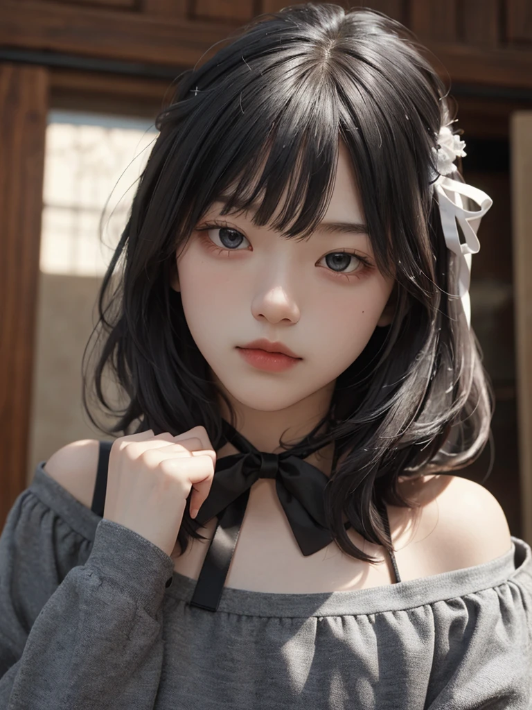 top-quality、​masterpiece、超A high resolution、(Photorealsitic:1.4)、1girl in、shoulder、enticing、looking in camera、(((shorth hair)))、((Large ribbon))