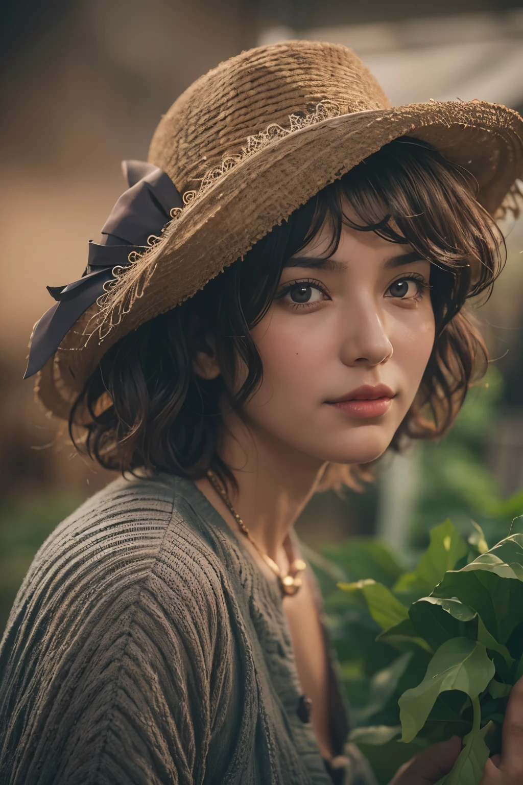 Araped woman working in vegetable garden, carrot field, Short permed hair, farmer, Cerveza Soft Devil Queen Madison, Violet Myers, No makeup, wavy hair, without makeup, portrait of a girl, Profile picture, Use Instagram Filters, Subtle soft and dim light, sun, perfect face, julia sardinian