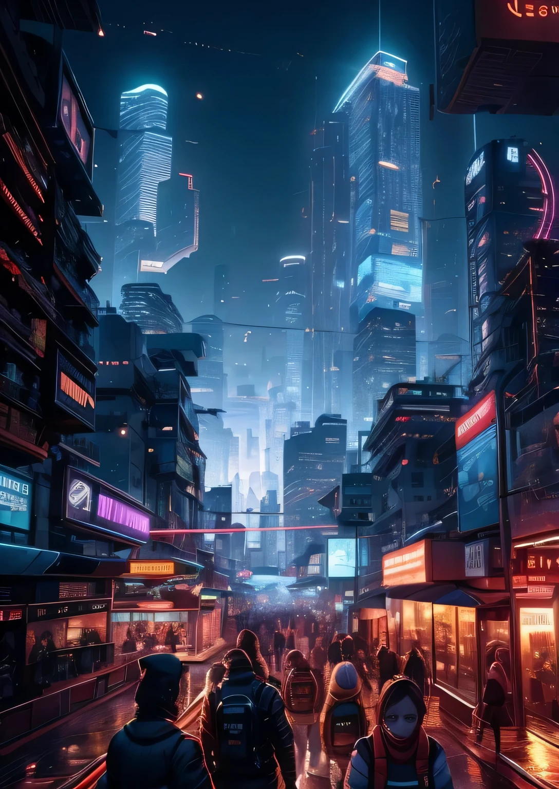 Mega city, giant city, people walking in city, bus, store, facade, neon sign, LCD billboards, flying cars, cyberpunk 2077, cyberwave, synthwave, lens flare, masterpiece, photo realistic, cinematic, intricate detail