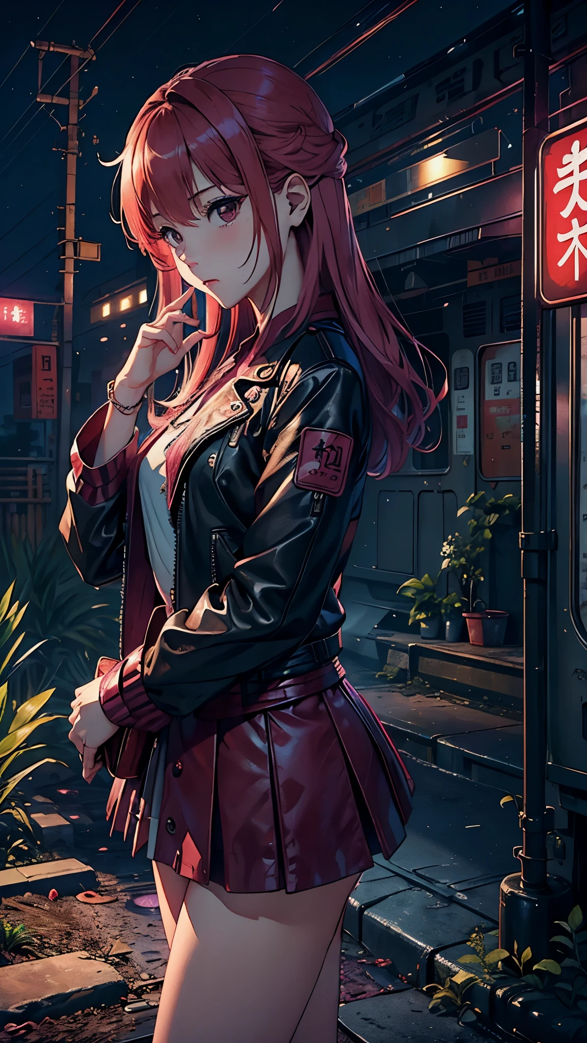 Magenta tint、Bright color works)))、(((quality)))、((Ultra Detailed))、(Surreal)、(Highly detailed CG illustrations）、official art、CD cover、This will be、midsummer、The glorious 1960s、1 girl，Cruel Beauty、Gorgeous Cochetti、Gorgeous、hair color、rock music、leather jacket、mini skirt、Perfect angle、perfect composition、(night，train站，train，Yunxia)，