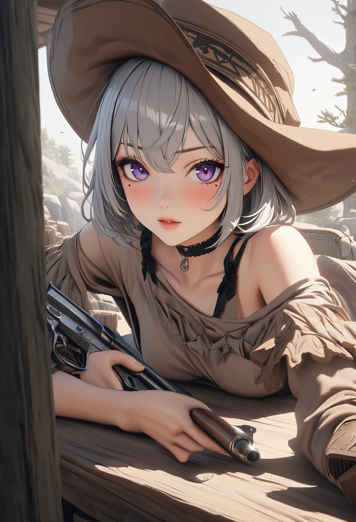 masterpiece,highest quality, Very detailed, High resolution, expensive resolution, High resolution, 4K, 8k, unity 8k wallpaper, Very detailed CG, masterpiece, Photorealistic, 2D, 3D, Beautiful details, depth, Fine texture , Super quality: 1.3, Fully focused, Crispy.skin, .he,
Very cute anime girl 、Desolate wilderness、Cowboy Styleの衣装、Cowboy hat、Cowboy boots、Pistol、mexican wilderness、duel、Pistolを持って立っている、Silver short hair wearing expensive , One Girl、alone, Silver short hair, Cowboy Style、Cowboy hat、Pistol、duel、Cowboy boots、computer、disk、Mole under the eye, looking at the viewer , expensive , blush, Mole, Lips parted, hair ornaments, heart, Purple Eyes, choker