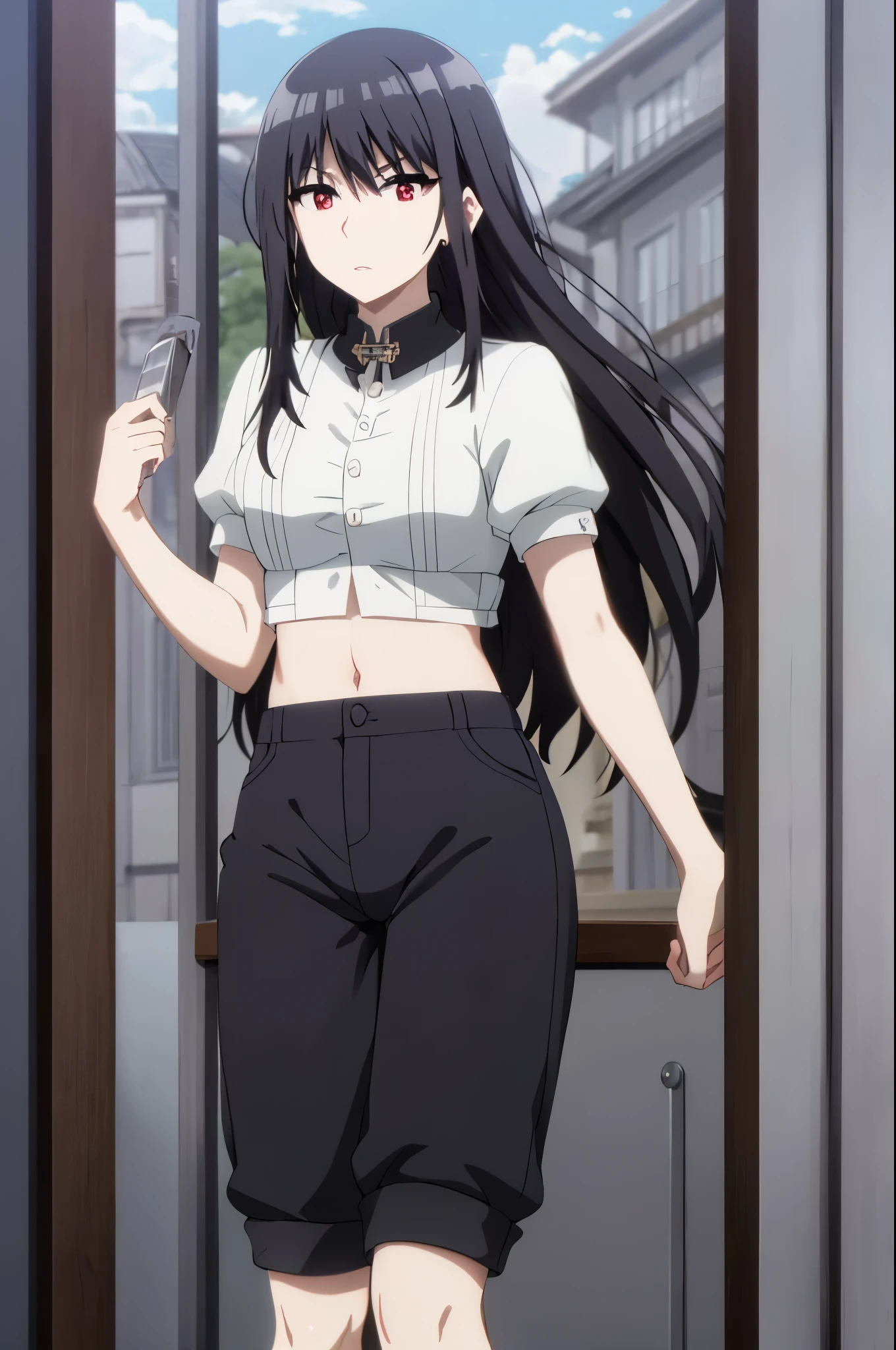 black hair,red eyes,masterpiece, best quality, high quality, highres, outdoors, looking at viewer, white shirt, crop top, midriff, navel, white pants,embarrassment,
