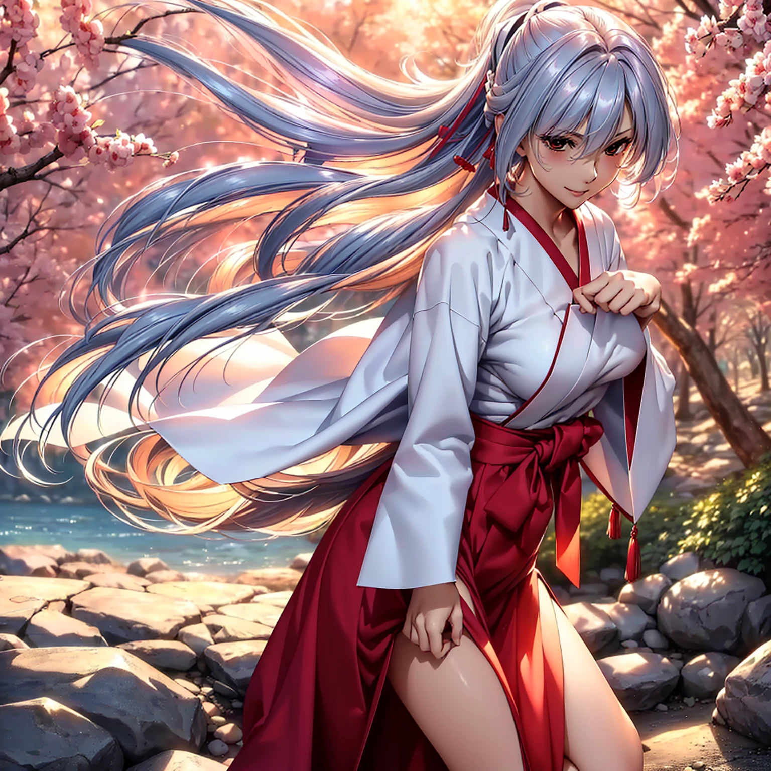 (top-quality、masterpiece、very high res、超A high resolution,High resolution details 1.5)、A woman of perfect and ultimate beauty(24 years old 1.5)、(Beautiful breasts and body shape 1.5)、Beautiful body、美丽的面容、large pink,Long hair,Beautiful hair、Japan hair ornament,realistic textured skin,Wearing a beautiful Japanese long kimono,Kimono has colors and patterns.,Kimono sleeves and obi are long,Arms outstretched,Exposed shoulders from kimono,I can see the cleavage,Bright smile,Mouth opens,Hair flutters under the influence of the wind,The sleeves and obi of a kimono flap due to the wind.,that is a mysterious place,Fantastic night sky and beautiful full moon,Lantern light,Beautiful Landscapes、(The whole body,thigh visible,accurate anatomy、extremely detailed picture、Accurate images、Perfect Image 1.5)、、beautiful anime woman, Beautiful Art Style, an animated character、The whole picture、Detailed picture、Defect-free images、natural soft light、beautiful image、、(Best Shot 1.2)