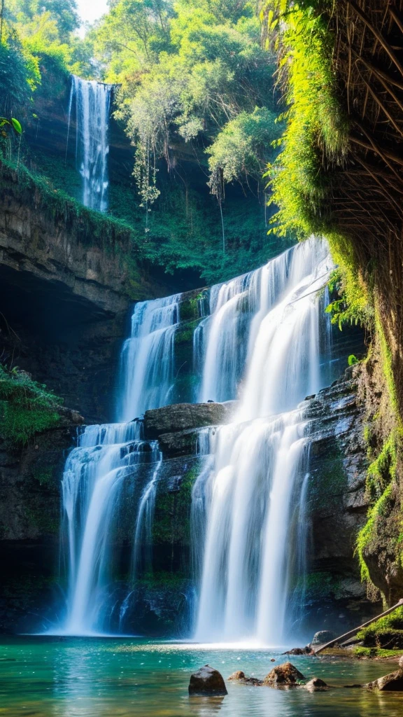 cachoeira, water fall, natureza exuberante, blue sky, floresta tropical, wild birds