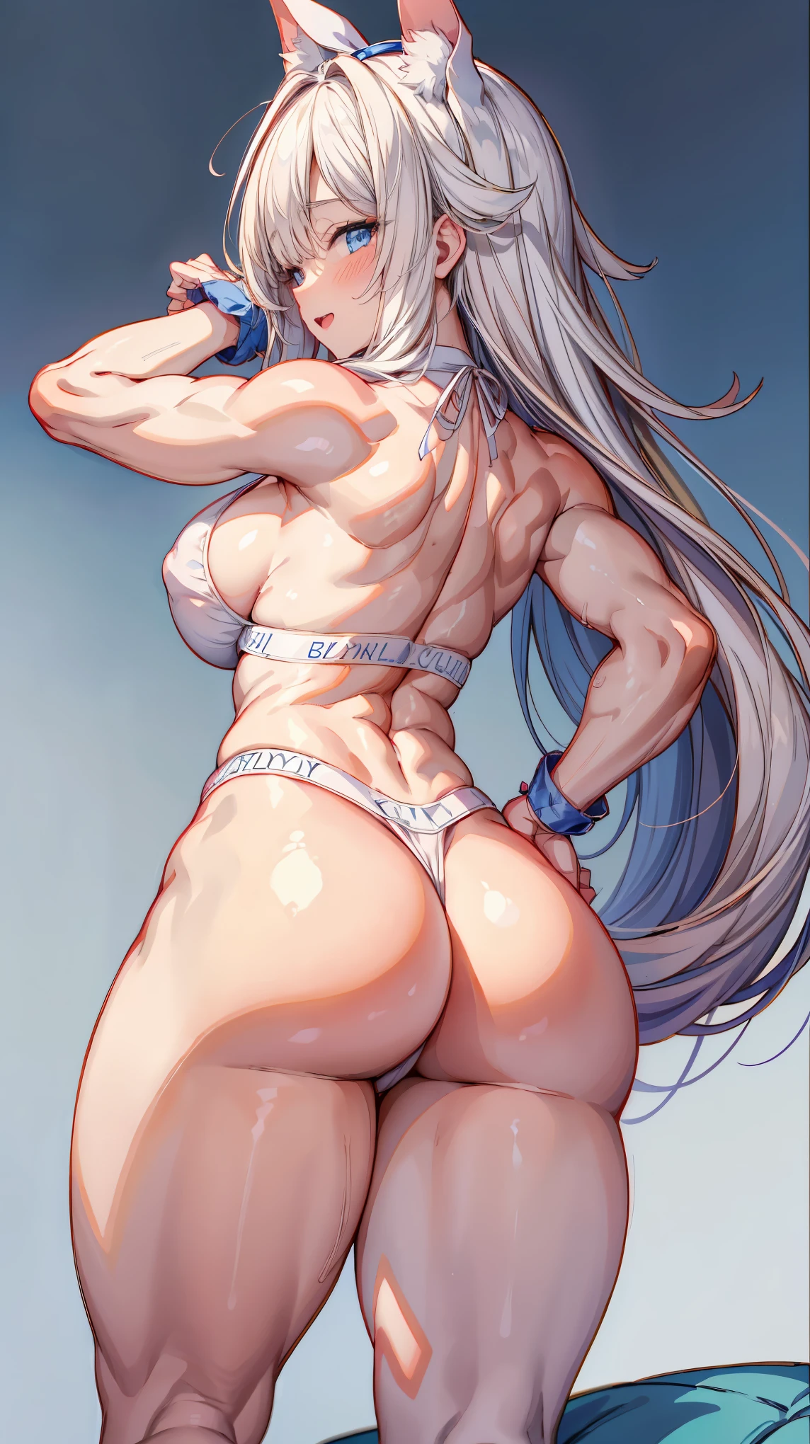 Super detailed、highest quality、Best image quality、masterpiece、8K、Sparkling Blue Eyes、Anime Face、A kind smile、Open Mouth、Long blonde curly hair、(SFW huge body)、(((Rear view)))、Cowboy Shot、(Wearing a white thong:1.5)、Muscles of the whole body、Wearing a white headband、Get on your knees on the sofa、Put your hands on your hips