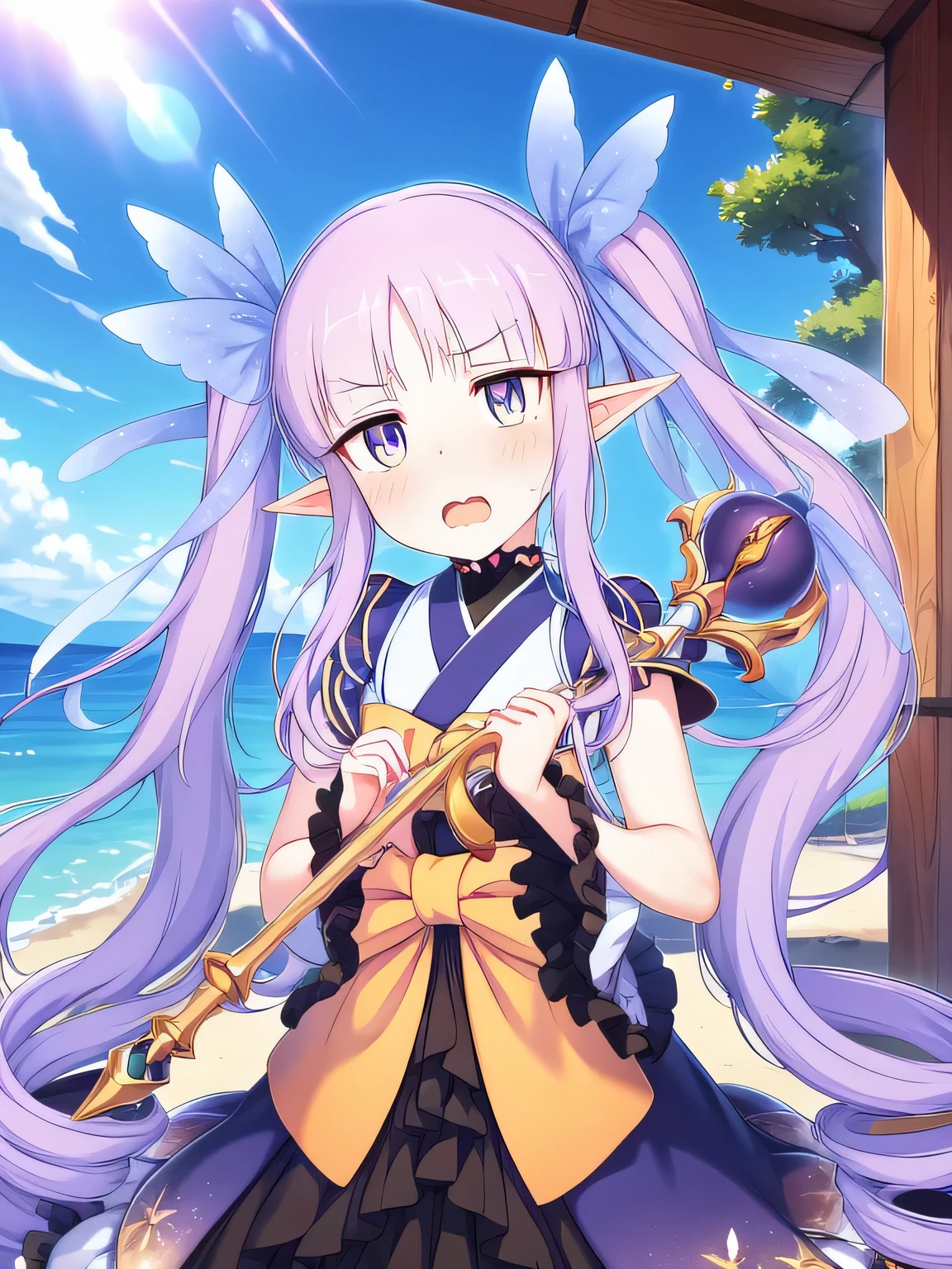 sfw,(masterpiece, best quality:1.2), 1girl, solo, kyouka,twintails, very long hair, very long sidelocks, light violet hair, transparent blue hair ribbon, bangs, brown eyes, elf ears, small breasts,holding staff, (sunlight,outdoor,blue-sky),(sea,horizon),(masterpiece:1.2), best quality, high resolution, unity 8k wallpaper, (illustration:0.8), (beautiful detailed eyes:1.6), extremely detailed face, perfect lighting, extremely detailed CG, (perfect hands, perfect anatomy),