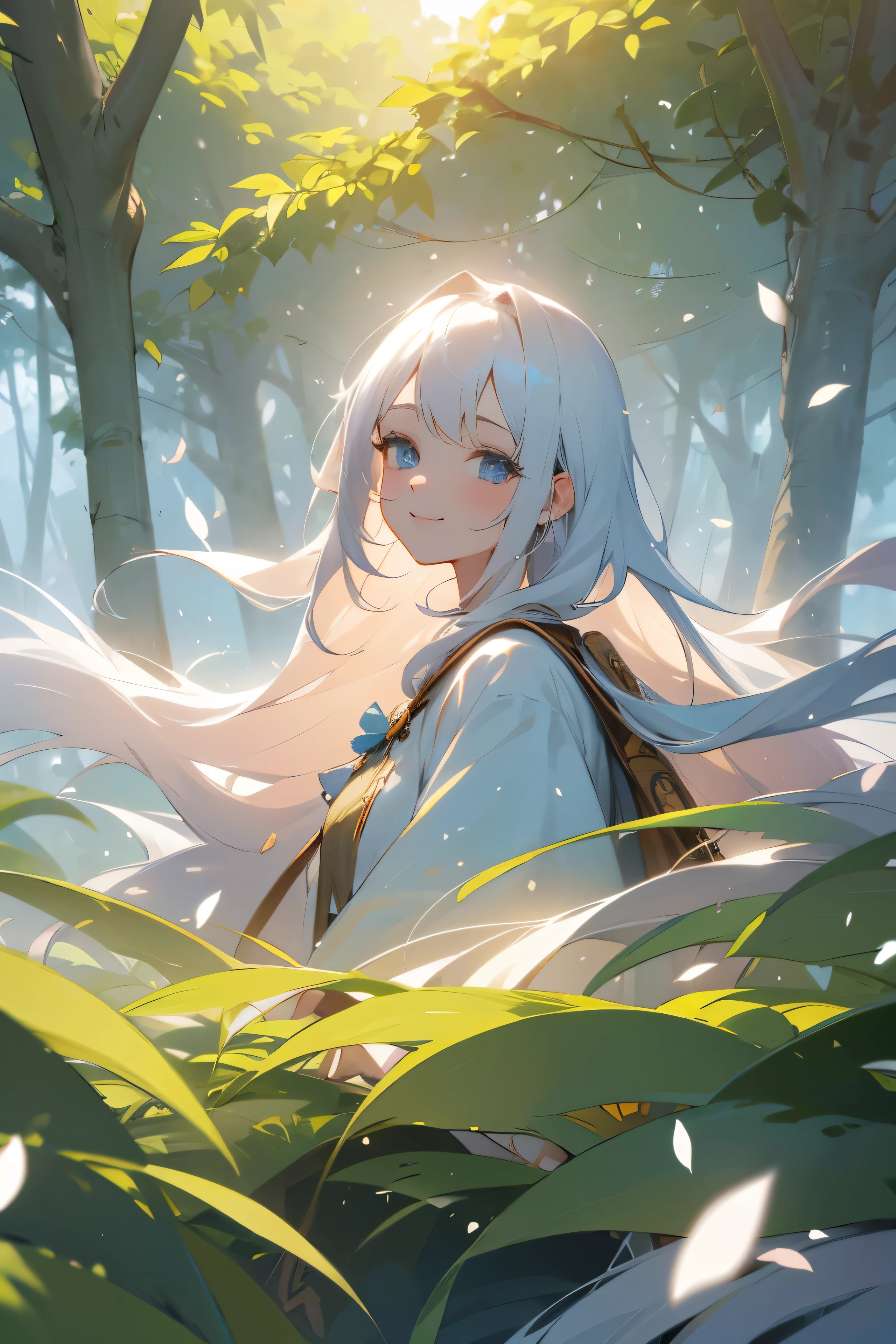 (top quality, masterpiece, ultra-realistic,4k), one beautiful delicate portrait of a girl with long hair, white hair, smiling, soft and peaceful expression, big round sparkling eyes,quality eyes , the background landscape is a jungle with petals and puffs flying around, The girl stands next to the old tree, this is a panoramic picture. --v6