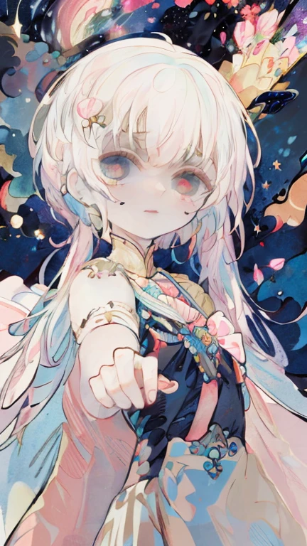 #Quality(8k,best quality,masterpiece,cinematic),#1 girl(cute, kawaii,solo,small kid,skin color white,pale skin,hair floating,hair color light blue,twin tail:1.6,hairbow,eye color is cosmic,big eyes,little smile,tears,colorful,close-up head,dynamic angle,cute dress,cute pose),#background(simple, cosmic,many stars,flower bloom,petals,backlit,colorful)