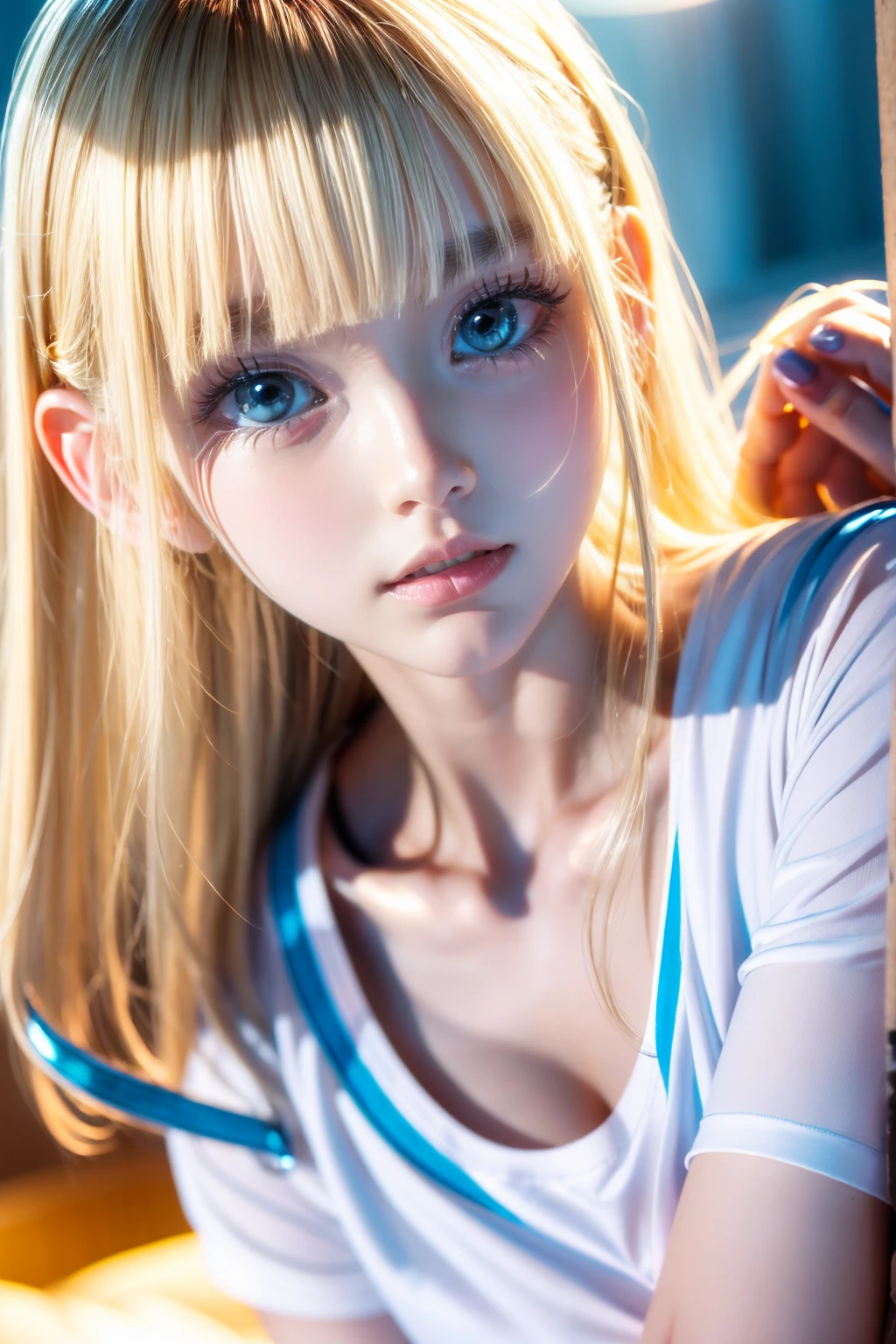 Beautiful and innocent 20 year old blonde girl、Beautiful shining platinum blonde hair、bangs fall on face、((Wearing an open white T-shirt,Dramatic Pose)),sexy look,Super long straight blonde silky hair,Bed Background,Beach Background、RAW Photos, (8k、highest quality、masterpiece:1.2)、(Intricate details:1.4)、(Realistic:1.4)、Octane Rendering、Exquisite 3D rendering for ultra-detailed detail, Studio Soft Light, Rim Light, Sharp details, Super Detail, Realistic skin texture, Cheek gloss、detailed aspects, Very beautiful bright pale blue eyes, Very big eyes、Highly detailed CG Unity 16k wallpaper, Perfect beauty、Round face、Compensate, (Detailed Background:1.2), Shiny skin, whole body、From head to thighs、Cleavage,((sleep with your head up、Top view angle))