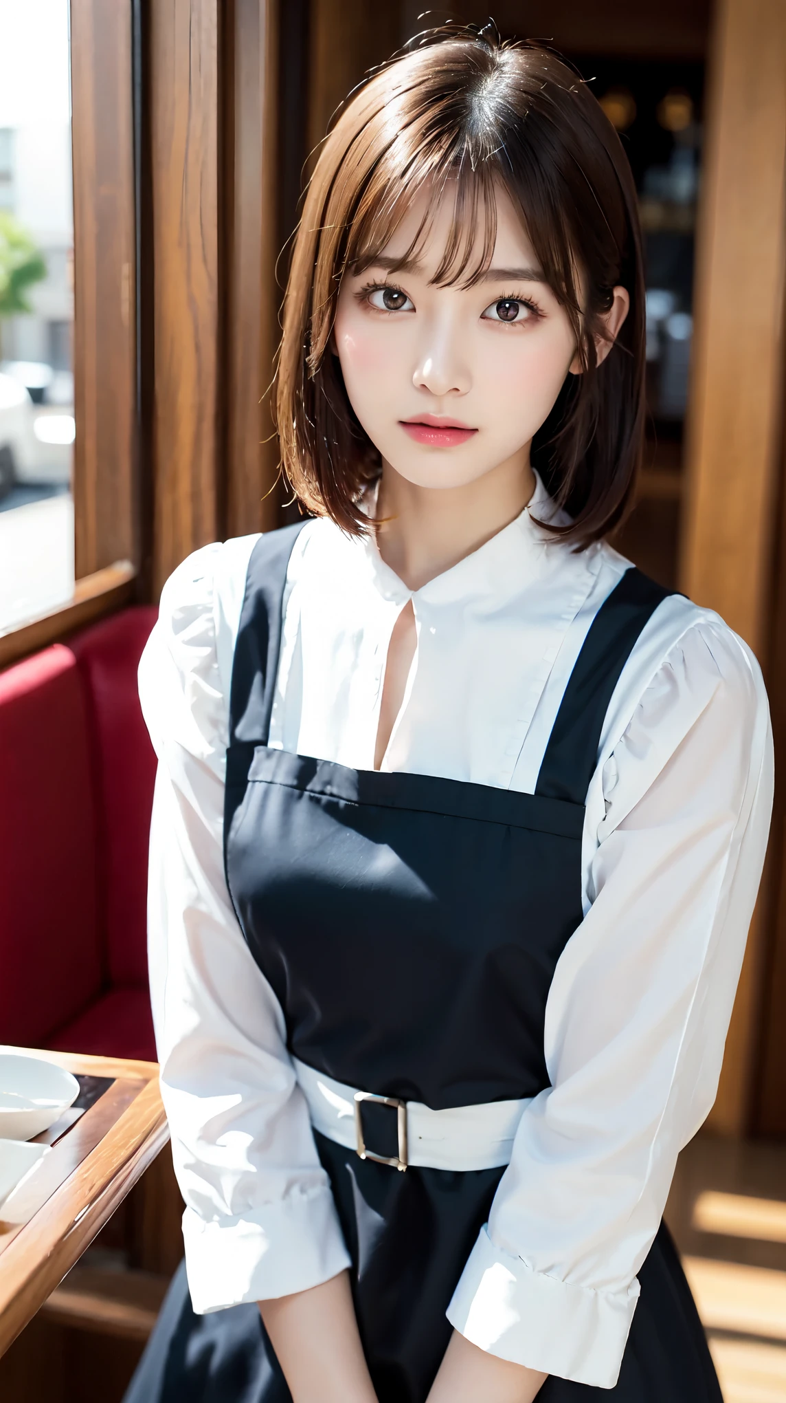 One Girl, apron, Black dress, blush, Braiding, dress, Eyebrows visible through hair, Big Breasts, valley, The chest is exposed, Beautiful nipples, Frills, gloves, Hair between the eyes, jewelry, Juliet Sleeve, Long sleeve, Maid, Maid apron, Maidの頭飾り, Puffy sleeves, short hair,((She lifted her skirt to show her panties.、Tempting you)), White lace panties, White apron, window, Huge 、Nogizaka Idol、Korean Idols、Burning idol pose、actress、Age 25、expensive、Cafe、restaurant, Official Art,Highly detailed CG Unity 8k wallpaper, (masterpiece:1.0),(highest quality:1.0), photo shoot, 8k, Browsing Caution, High resolution, Kodak Portrait 400, Film Grain, Lens flare brilliance,View Audience