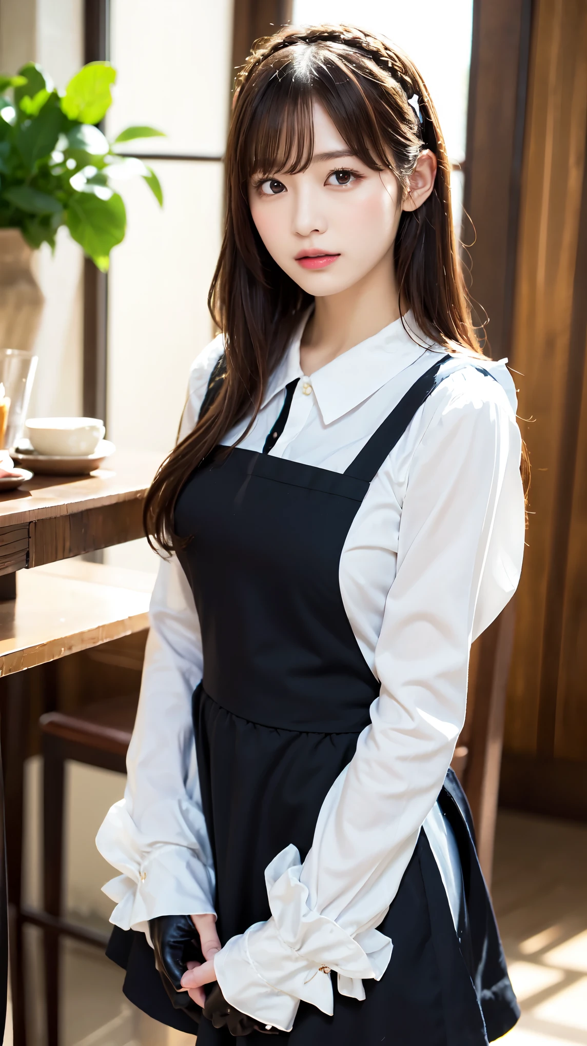 One Girl, apron, Black dress, blush, Braiding, dress, Eyebrows visible through hair, Frills, gloves, Hair between the eyes, jewelry, Juliet Sleeve, Long sleeve, Maid, Maid apron, Maidの頭飾り, Puffy sleeves, short hair, Sitting, White apron, window, Huge 、Nogizaka Idol、Korean Idol、Gravure idol pose、actress、Age 25、expensive、Cafe、restaurant, Official Art,Highly detailed CG Unity 8k wallpaper, (masterpiece:1.0),(highest quality:1.0), photo shoot, 8k, Browsing Caution, High resolution, Kodak Portrait 400, Film Grain, Lens flare brilliance,Show Viewer