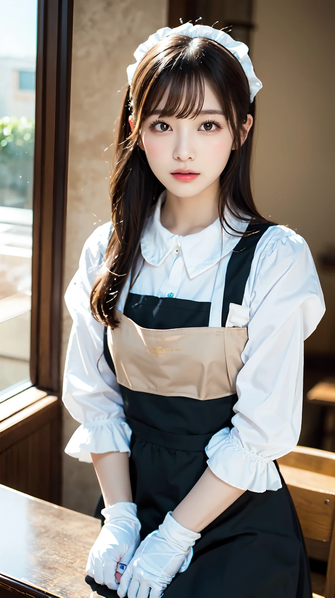 One Girl, apron, Black dress,  blush, Braiding, dress, Eyebrows visible through hair, Frills, gloves, Hair between the eyes, jewelry, Juliet Sleeve, Long sleeve, Maid, Maid apron, Maidの頭飾り, Puffy sleeves, short hair, Sitting, White apron, window, Huge 、Nogizaka Idol、Korean Idol、Gravure idol pose、actress、Age 25、expensive、Cafe、restaurant, Official Art，Highly detailed CG Unity 8k wallpaper, (masterpiece:1.0),(highest quality:1.0), photo shoot, 8k, Browsing Caution, High resolution, Kodak Portrait 400, Film Grain, Lens flare brilliance,Show Viewer