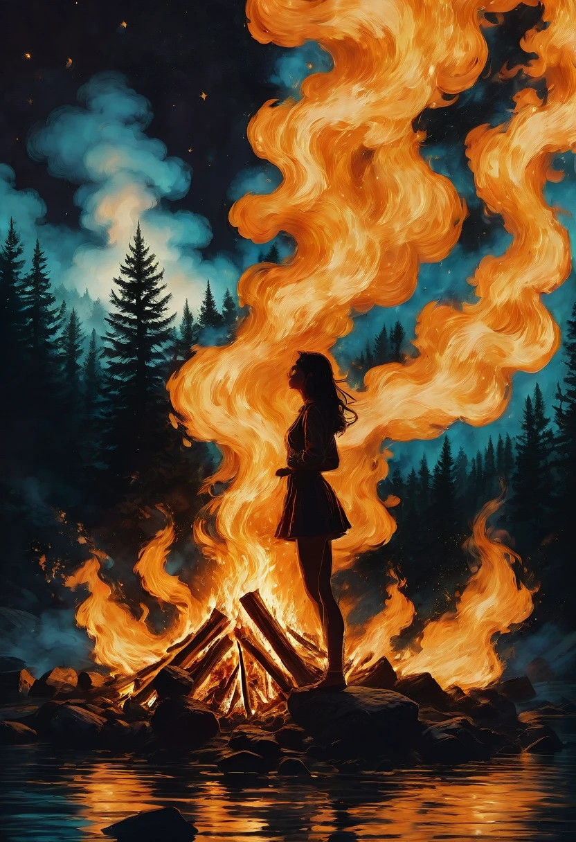 1girl, Campfire, aesthetic, (blazing campfire,crackling flames,majestic bonfire),(best quality,ultra-detailed,realistic:1.37),warm golden glow,vivid colors,wooden logs,burning embers,flickering light,dancing shadows,smoke rising from the fire,sparkling sparks,starlit night sky,camping under the stars,campfire tales,cozy atmosphere,nature's embrace,peaceful setting,crisp air,roasting marshmallows,shadowy figures by the fire,nighttime serenity