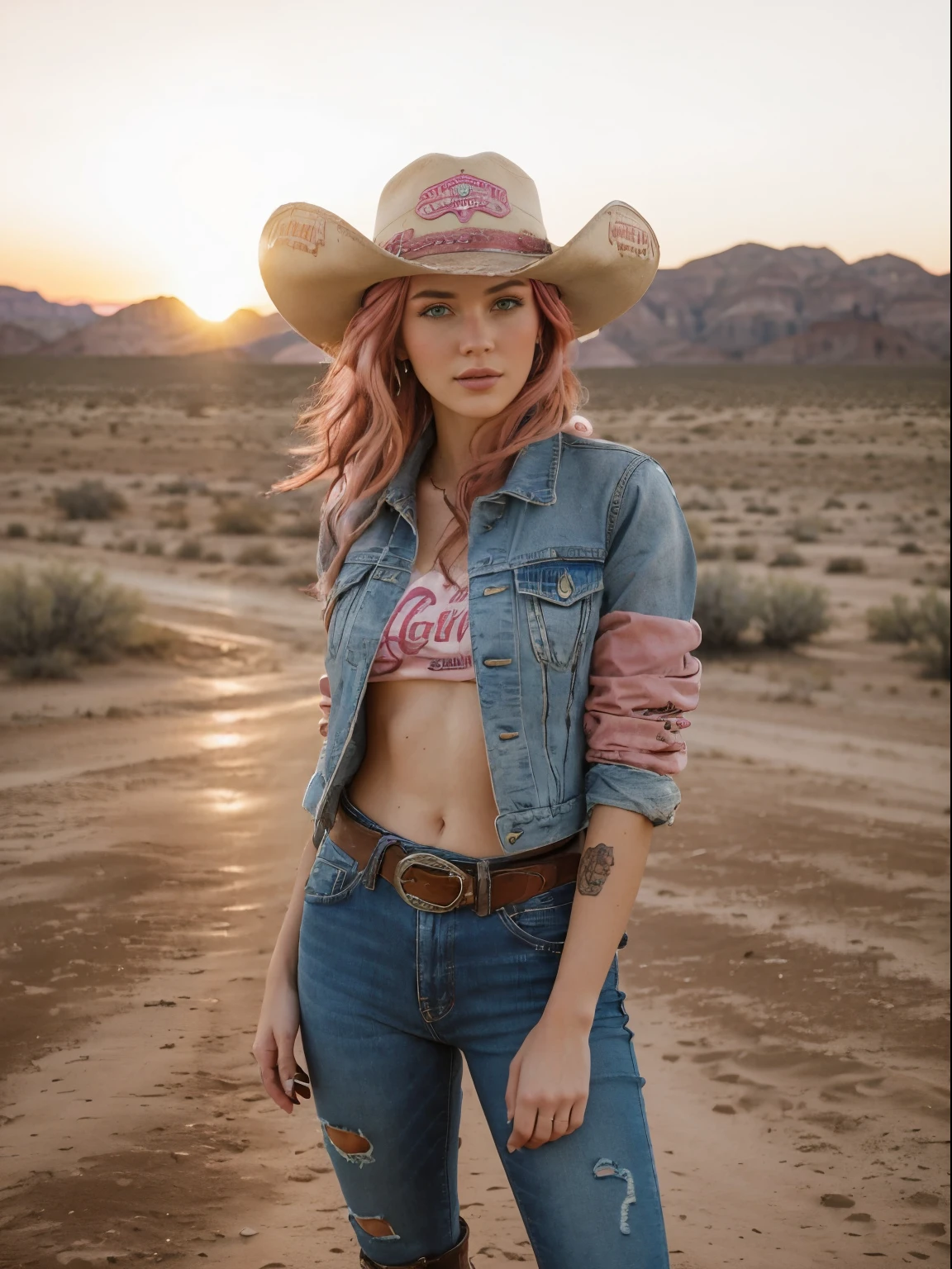 An 18-year-old cowgirl woman in Western style with pink hair, (best quality, highres, photorealistic) portrait, vibrant colors, detailed eyes and lips, flowing pink hair, stylish hat, denim jacket, leather boots, horse in the background, dusty desert landscape, (studio lighting, sharp focus), vintage filter, sunset color palette.