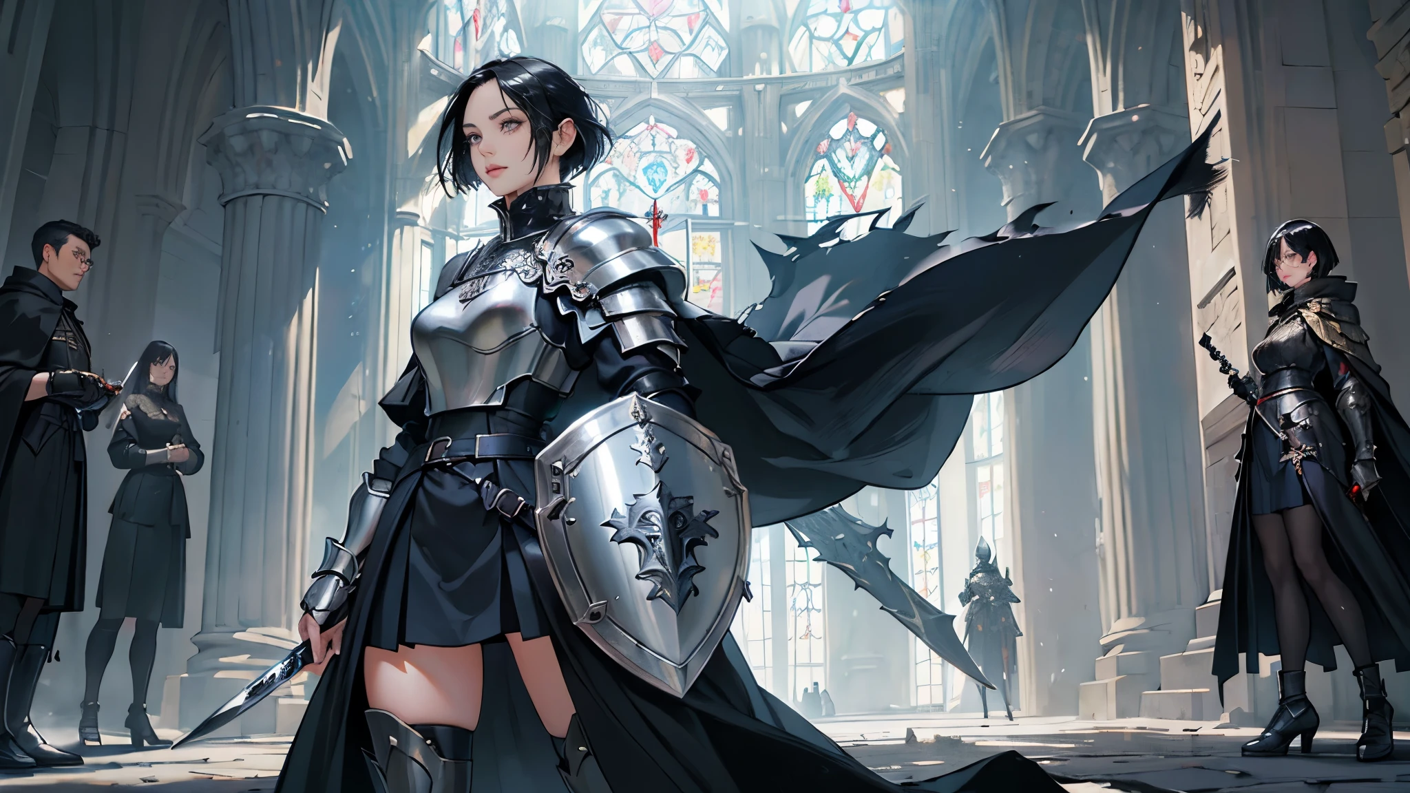 (((((middle age woman))))), masterpiece, ultra detailed, 8k portrait, RAW photo, portrait photography, highly detailed face, ((Fantasy)), 1 woman, (((female knight))), (((dynamic pose))), 33 years old, (((((tall))))), (((small eyes))), glasses, (((straight black bob hair))), ((hair over one eye)), (((white skin color))), (((navy blue heavy armor and see-through medium skirt))), (((black long cloak))) fluttering in the wind, (((high cut iron shoes))), (((equip a long sword and very large shield))), Midday Sun, hyper realistic, Body model, Small breasts, Beautiful breasts, (big butt), (thick thighs), Long legs, in the medieval adventurer's guild, Ambient lighting, Shadow details , Camera focus on face, strong breeze, Light fog,
