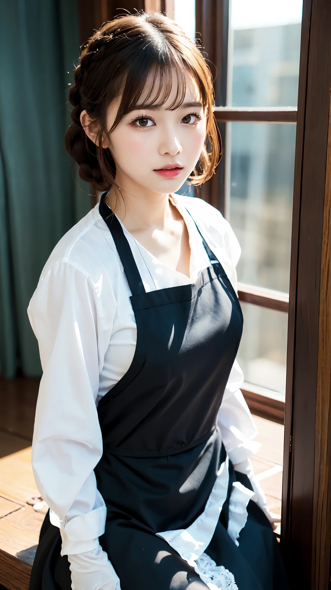 One Girl, apron, Black dress, blush, Braiding, dress, Eyebrows visible through hair, Frills, gloves, Hair between the eyes, jewelry, Juliet Sleeve, Long sleeve, Maid, Maid apron, Maidの頭飾り, Puffy sleeves, short hair, Sitting, White apron, window, Huge 、Nogizaka Idol、Korean Idol、Gravure idol pose、actress、Age 25、expensive、Cafe、restaurant, Official Art,Highly detailed CG Unity 8k wallpaper, (masterpiece:1.0),(highest quality:1.0), photo shoot, 8k, Browsing Caution, High resolution, Kodak Portrait 400, Film Grain, Lens flare brilliance,Show Viewer