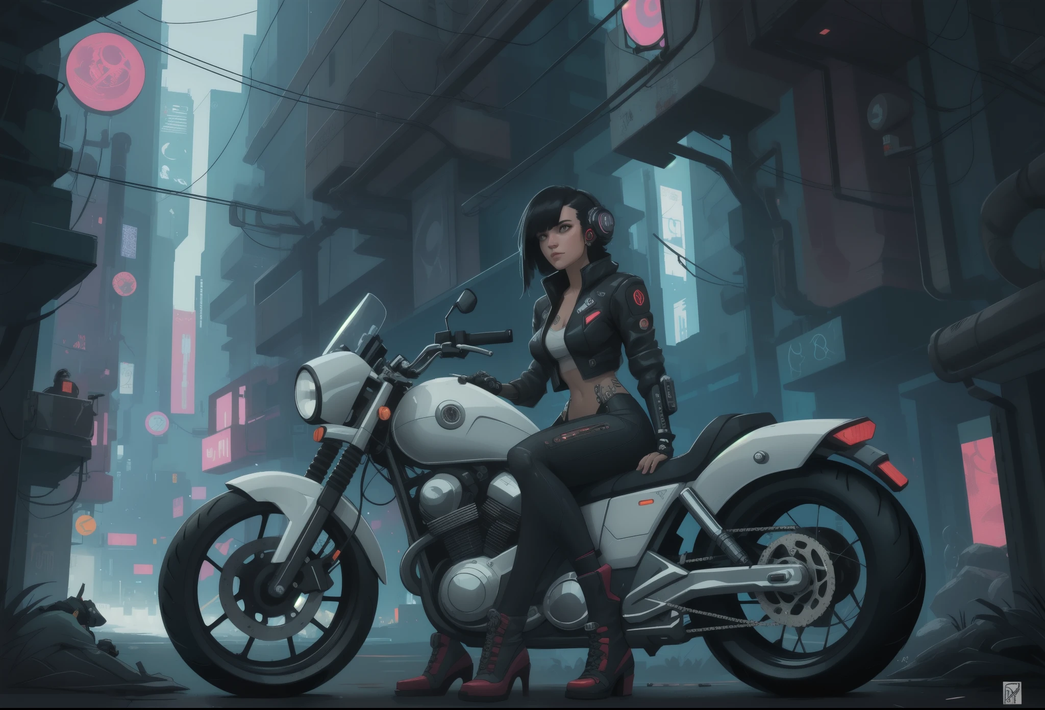 Cyberpunk woman in a cyberpunk world, sit on motorcycle