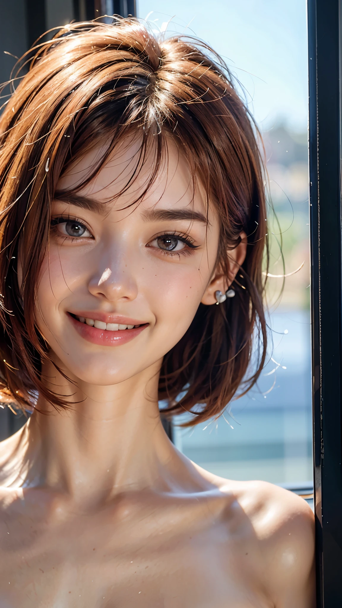 highest quality, masterpiece, Ultra-high resolution, (Realistic:1.4), (Close-up portrait) RAW Photos, 1 girl,20-year-old,((Inside the Shinkansen)),((Wireless Earphones)),((Nose Piercing)),,((Passion pink hair gal make-up)),((High Fashion)),Messy Hair,((Cap Chestnut)),((Bangs short hair)),Realistic,picture media chest)),((Smiling with teeth showing)),((Big smile))