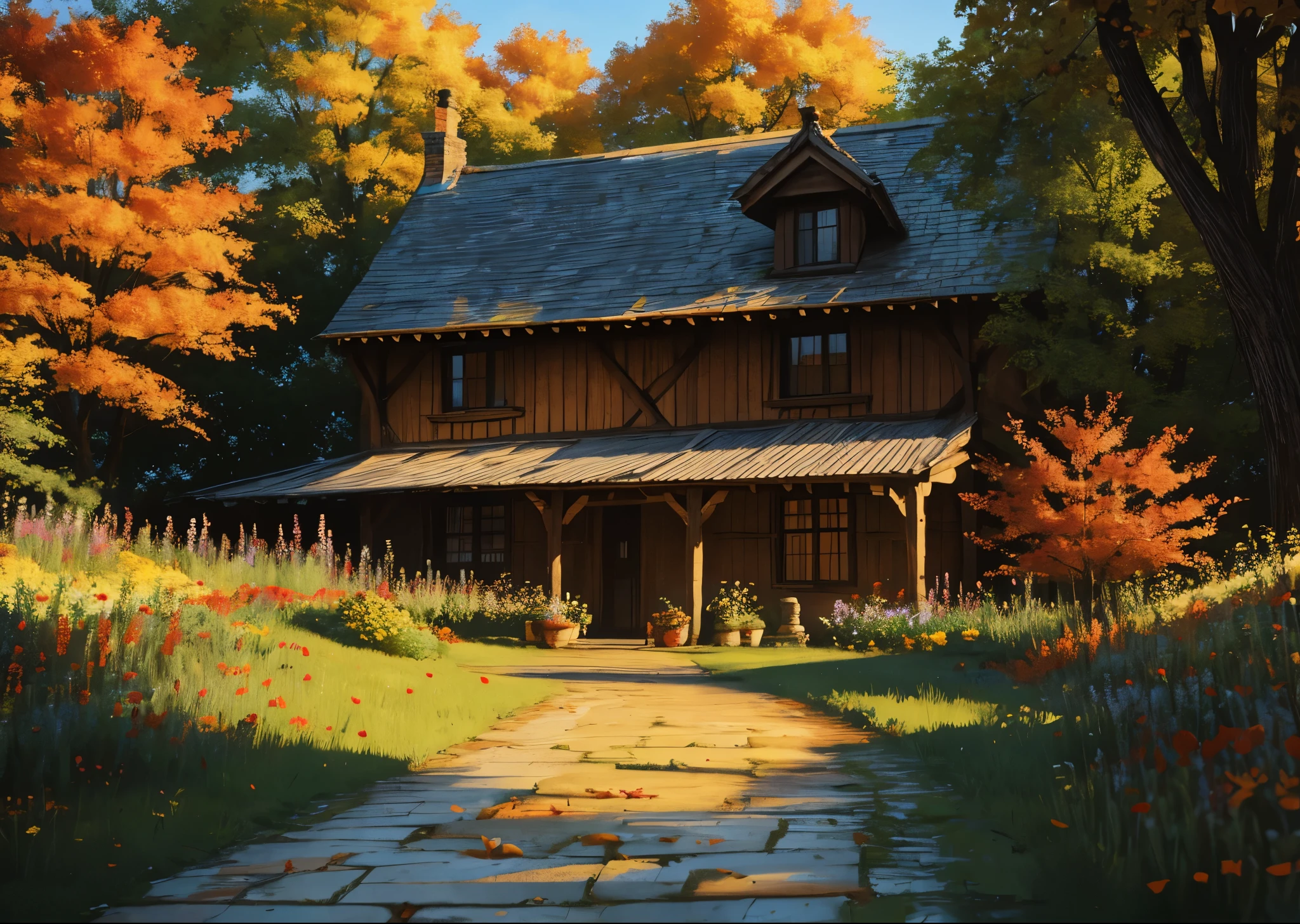 Farmer pulling a cart、Stone Cottage, Lush, Flowers, autumn leaves, Absurd resolution, High resolution, Reflexive, Maximum details, highest quality, digital illustration, Realistic, Beautiful environment, PhotoRealistic painting, Professional majestic oil painting, Portfolio works, great location, (Global Illumination, Studio Light, Volumetric Light), highest quality, masterpiece,