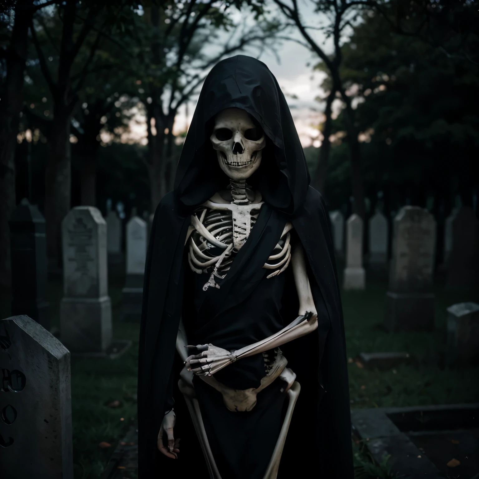 Na cena que imaginei, there is a skeleton with its knees bent on its side over the cemetery, wrapped in a dark cloak and delicately holding a small object that represents lost innocence. Os olhos vazios do esqueleto transmitem uma profunda tristeza e arrependimento. Ao redor do esqueleto, there is a dark and heavy aura, com sombras escuras que simbolizam o peso da perda. The skeleton appears immersed in silent reflection, mourning the innocence that is gone forever.