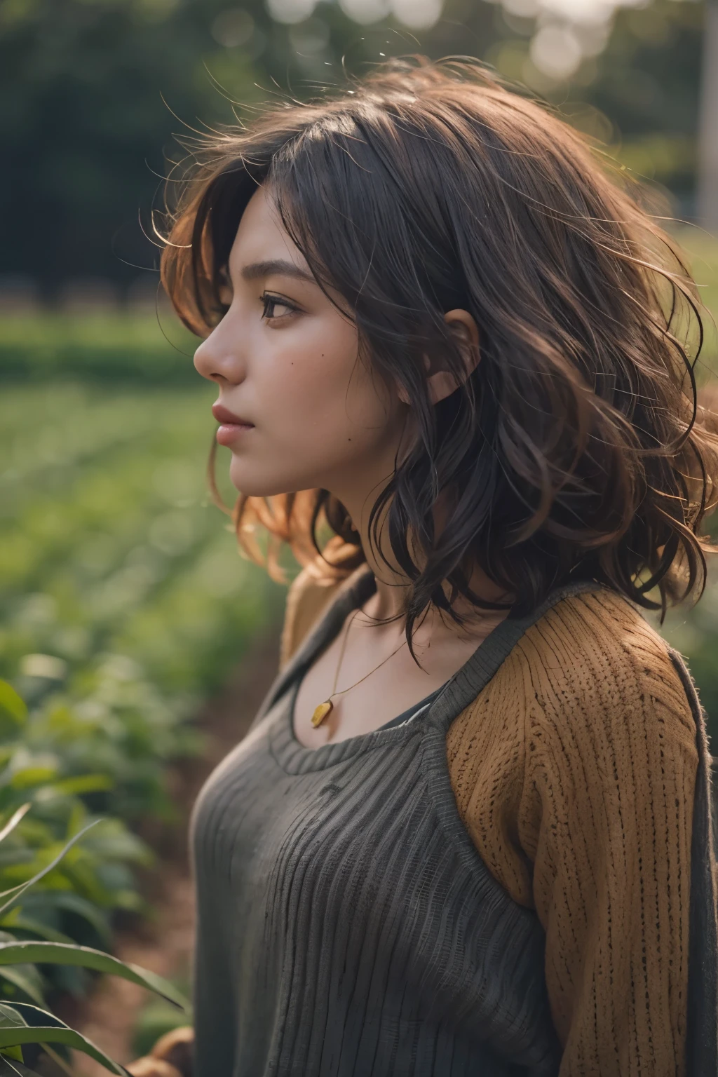 Araped woman working in vegetable garden, carrot field, Short permed hair, farmer, Cerveza Soft Devil Queen Madison, Violet Myers, No makeup, wavy hair, without makeup, portrait of a girl, Profile picture, Use Instagram Filters, Subtle soft and dim light, sun, perfect face, julia sardinian