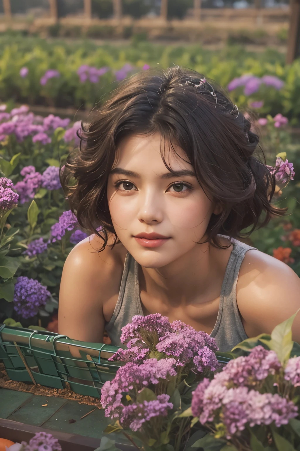 Araped woman working in vegetable garden, carrot field, Short permed hair, farmer, Cerveza Soft Devil Queen Madison, Violet Myers, No makeup, wavy hair, without makeup, portrait of a girl, Profile picture, Use Instagram Filters, Subtle soft and dim light, sun, perfect face, julia sardinian