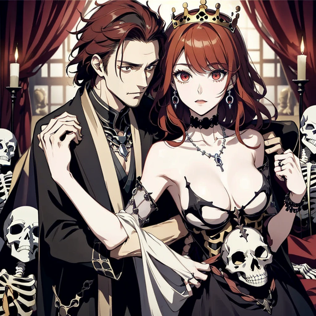 ((highest quality)), ((masterpiece)), (be familiar with), Perfect Face、The Enchanting Body of Celica（FE）、Red hair、The perfect proportions、semi-long、necklace、Bangles、Caster wheel、Luxury Accessories、first round、Fallen into evil、Skeleton Fall、Blank look、Skull engagement ring、empty eyes、Eyes with lost highlights、Lifeless Eyes、Expression in love、Dark Room、Red magic circle on the floor、大量のSkeleton Candelabraと蝋燭、darkness、A large number of skull objects、Big magic circle on the floor、Skeleton Candelabra、Luxury Jewelry、Skeleton Crown、Large skull pendant、Bone ornaments、Skull Accessories、Temple of the Skeletons、Skeleton Crown、The 70-year-old Skull King is a man、A ton of skeletons、pregnancy、Last month of pregnancy、全naked、naked、Becoming a bony body、７０The 20-year-old Skull King is my husband、７０Become the wife of the 20-year-old Skull King、７０A friendly pairing with the aged Skull King、７０Cuddling with the old man Skull King、７０Old man Skull King is a skeleton、Black bed with luxurious bone decor、Wear a skeleton on your head、incorporated into bones、Bed In、Making love in bed with 70-year-old Skull King、７０Being petted by the old man Skull King、Embracing and deep kissing 70-year-old man Skull King、７０Old man Skull King fondles her breasts and touches her pussy while deep kissing her、I love the 70 year old man Skull King、70-year-old man hugs Skull King、Take off your clothes、Everything except the face becomes a skeleton、Bedroom、全naked、female１peopleと男１people