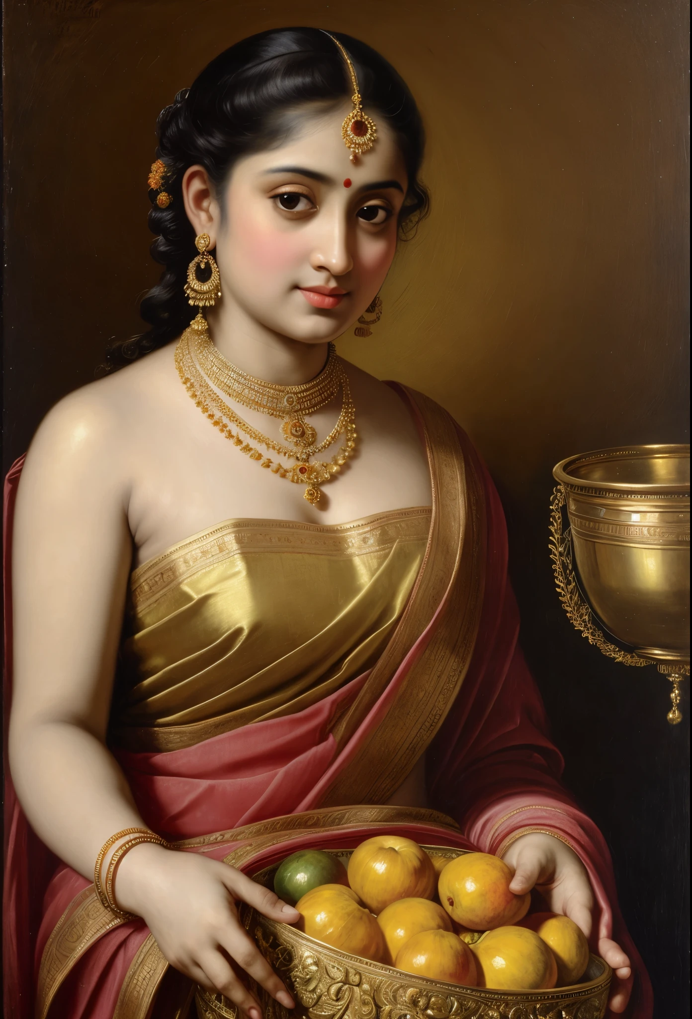 Looks like Jannat Zubair, Beautiful Indian Woman, wearing saree, sari Beauty, gorgeous, Apsara, Maharani, royal queen woman, nymph from Hindu Mythology, Urvashi, matchless beauty, Highly detailed, Oil Painting by Peter Paul Rubens inspired by Raja Ravi Varma, Matchless beauty, captivating, gorgeous, heavenly beauty, celestial beauty, by Peter Paul Rubens, 13, realistic, hyper realistic, micro details, incredible artwork, insane details, ultra High resolution, 8k, 32k, acrylic on canvas, intricate, flawless, detailed, detailed face, detailed eyes, masterpiece, by Peter Paul Rubens, by Caravaggio, by William Adolphe bouguereau, perfect face, perfect body, beautiful art, realism, baroque, renaissance Art, highly textured, beautiful and detailed eyes, uhd, best quality,