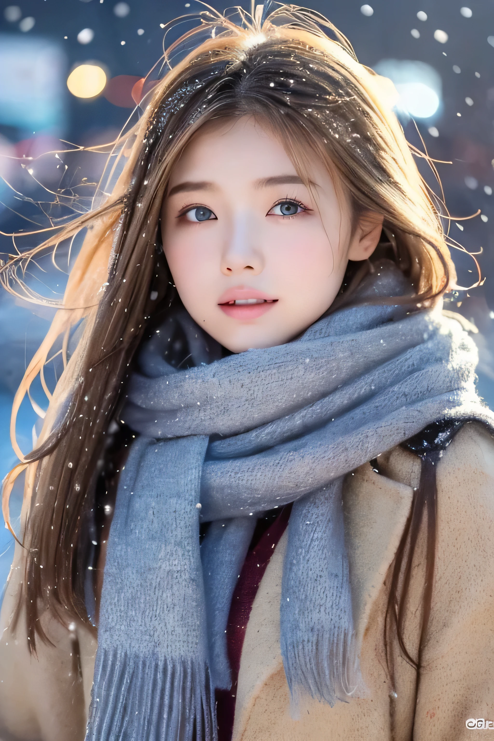 ((hair blowing in the wind、what makeup:1.2))、(realistic、photoreal、very detailed、most detailed skin、best quality、masterpiece、Ultra A high resolution)、cute russian girl、14 years、High school girls、young girl、1 girl、There are bangs、ash blonde:1.7、double eyelid、drooling eyes、japanese style face、purity、realistic skin type、thick muffler、gray muffler、fluffy hair、((there'hair in scarf:1.3))、red cheeks、The wind blows、that'It's snowing、night、light、light from behind、hair blowing in the wind