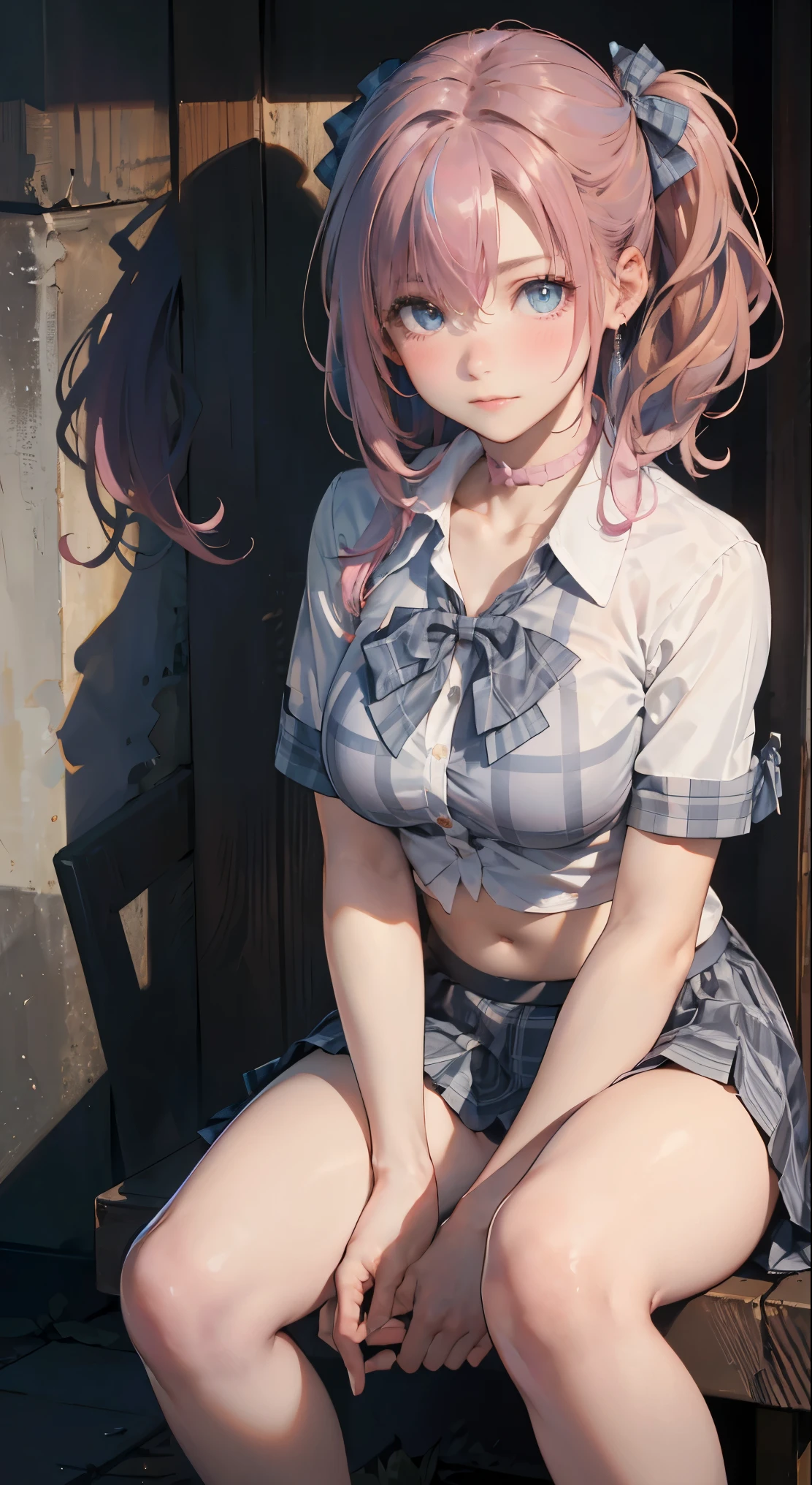 (masterpiece:1.2, highest quality), (realistic, photorealistic:1.4), beautiful illustrations,
looking at the viewer, whole body, Front view:0.6,
1 girl, Japanese, high School girl, ((pompadour:1.7, pink hair:1.3)), blown hair, bangs, hair between eyes, medium breasts:1.8,
beautiful hair, beautiful and detailed eyes, beautiful clavicle, beautiful breasts, beautiful thighs, beautiful feet, beautiful fingers,
(beautiful scenery), , School,
((collared short sleeve shirt, white shirt, , Grey plaid pleated skirt, blue plaid bow tie, choker)), white panties,
(Are standing, grab the hem of the skirt, put your hand on your chest, hand between legs, leaning forward),
blush,bikini、Swimwear