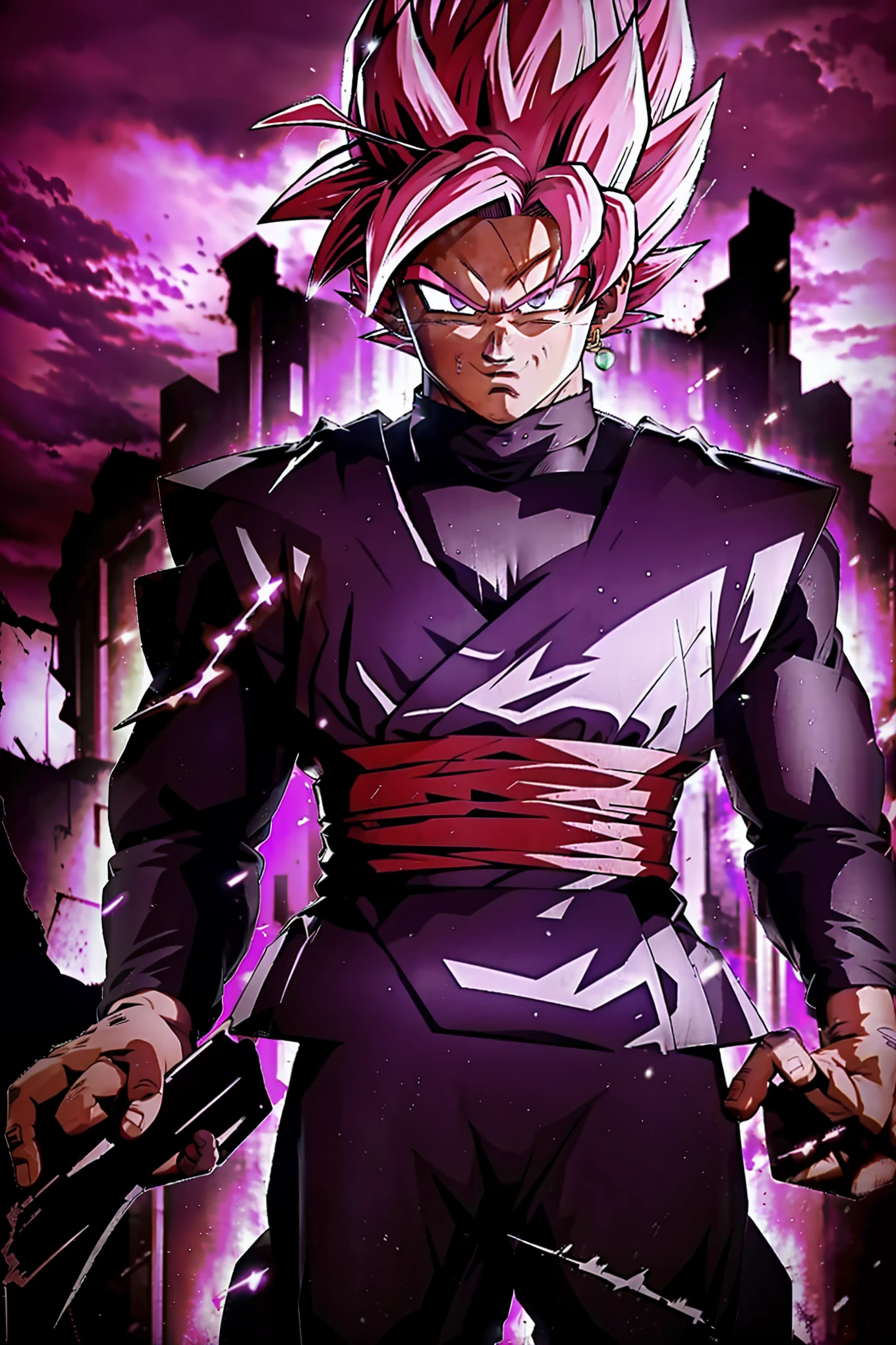 best_QualityPos, RAW Photo, intricate details, Best quality, 8k hd, soft lighting, 1 boy, Alone, spiky hair, pink hair, pink eyes, Super Saiyan, single earring, dougi.Goku Black is standing on the wreckage of a city devastated, surrounded by ruined buildings and smoldering rubble. The sky is darkened by storm clouds, and lightning cuts through the air, intermittently illuminating the desolate landscape. The setting is dark and desolate, reflecting the destruction caused by Goku Black's imminent threat. His sinister presence stands out against the apocalyptic backdrop, his imposing figure conveying a sense of evil power and imminent threat,very details of your face ,perfect face,perfect hands,perfect anatomy , the camera is capturing your face very detailed, perfect hands