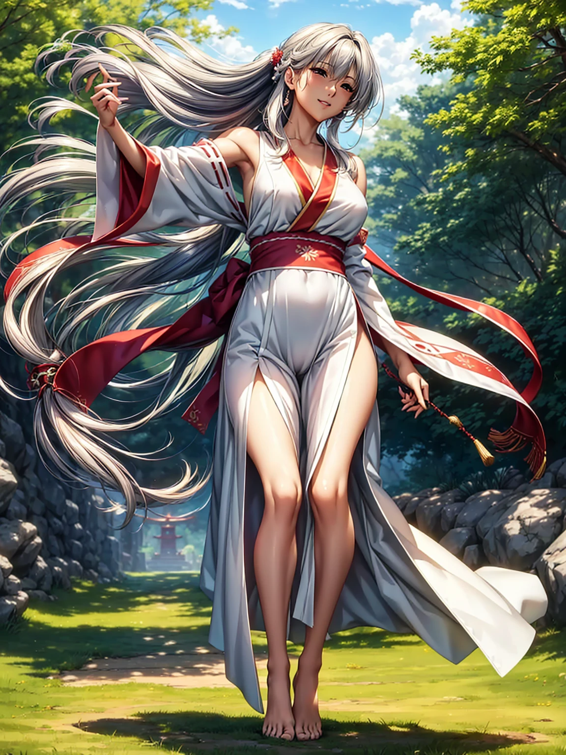 High definition、anime、A pure girl dressed in a shrine maiden's outfit、Flowers sprout from beneath your feet、１８age、Halfred with long silver hair、Full body portrait、A long-sleeved miko outfit、Large eyes like opals、Powerful eyes、Kagura Dance