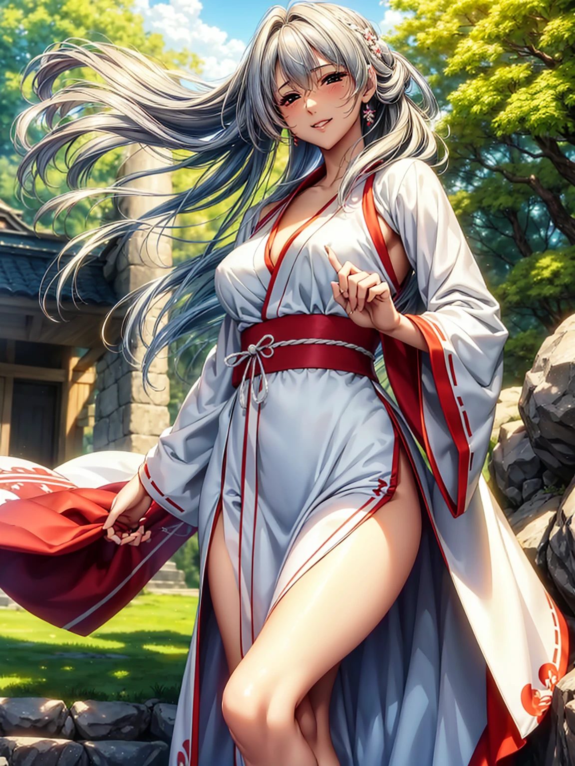 (((highest quality、masterpiece、Very high resolution、High-definition images)))、Beauty Painting、(One strong, beautiful woman:18-year-old、Beautiful body:Slender, beautiful breasts and beautiful legs、Beautiful Face:smile、eyes with strong will,Beautiful Hair)、best skin and hair texture,Realistic skin texture,realistic hair texture、(Shrine maiden costume,Miko costume:White:scarlet hakama,Hair tie)、Beautiful shrine、Beautiful pine tree、Beautiful sky、Natural light、Beautiful viewodel pose、Beautiful pose、Model shoot、Gravure photoshoot、(((The wind is blowing))),Accurate Images:1.5、Accurate anatomy:1.5、Flawless images、Perfect image、Overall image、(Best Shot、Raw photo、Photorealistic)1