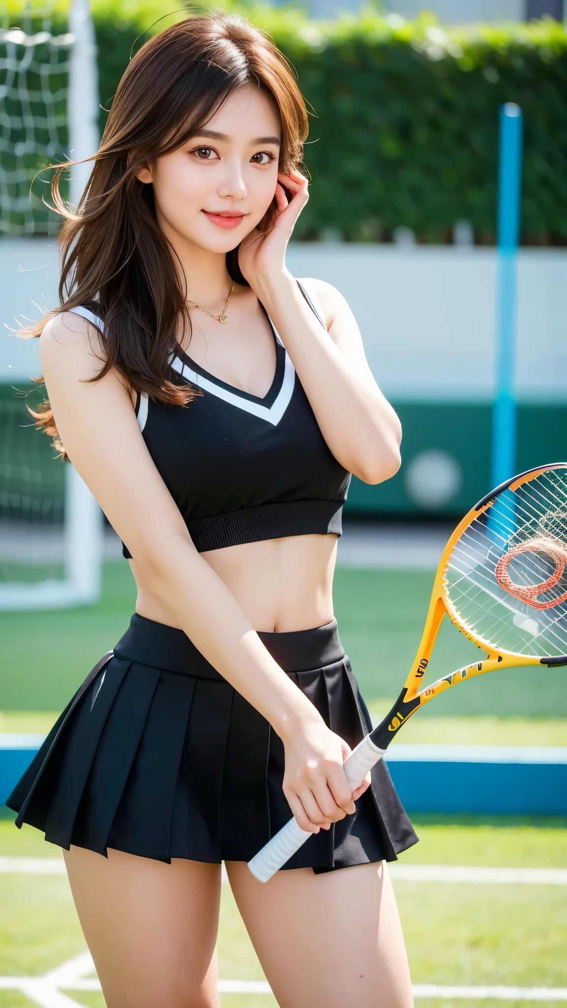 1 Girl,Light makeup,A bright smile,Look at the camera,(masterpiece, best quality, Good quality), (Extremely delicate skin,Extremely detailed eyes, Extremely fine hair,Brown hair, View Viewer, best quality,Beautiful and beautiful,Large Breasts,black sport,Sports skirt,Take a racket,play badminton,flowing hair,School gymnasium,Depth of Field