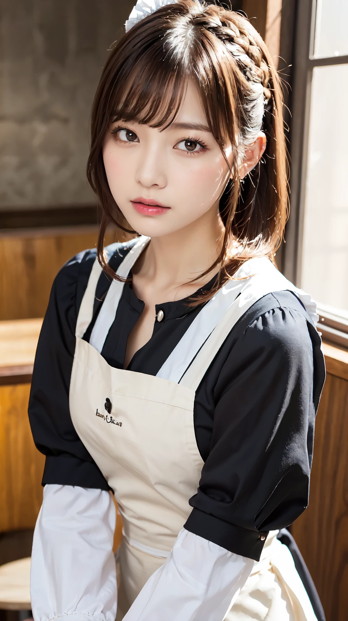 One Girl, apron, Black dress, blush, Braiding, dress, Eyebrows visible through hair, Frills, gloves, Hair between the eyes, jewelry, Juliet Sleeve, Long sleeve, Maid, Maid apron, Maidの頭飾り, Puffy sleeves, short hair, Sitting, White apron, window, Huge 、Nogizaka Idol、Korean Idol、Gravure idol pose、actress、Age 25、expensive、Cafe、restaurant, Official Art,Highly detailed CG Unity 8k wallpaper, (masterpiece:1.0),(highest quality:1.0), photo shoot, 8k, Browsing Caution, High resolution, Kodak Portrait 400, Film Grain, Lens flare brilliance,Show Viewer