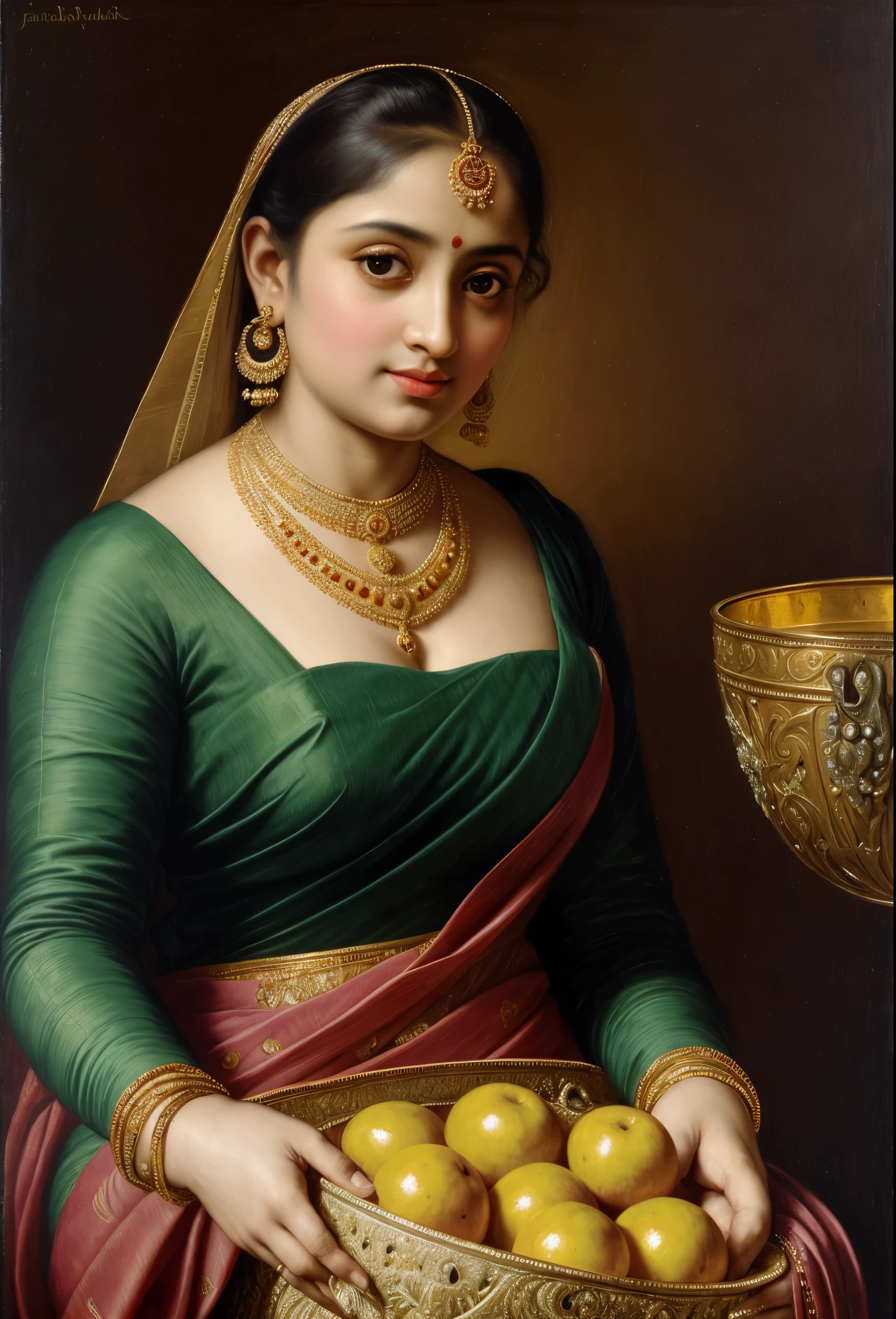 Beautiful Indian Woman, wearing saree, sari Beauty, gorgeous, Apsara, Maharani, royal queen woman, nymph from Hindu Mythology, Urvashi, matchless beauty, Highly detailed, Oil Painting by Peter Paul Rubens inspired by Raja Ravi Varma, Matchless beauty, captivating, gorgeous, heavenly beauty, celestial beauty, by Peter Paul Rubens, 13, realistic, hyper realistic, micro details, incredible artwork, insane details, ultra High resolution, 8k, 32k, acrylic on canvas, intricate, flawless, detailed, detailed face, detailed eyes, masterpiece, by Peter Paul Rubens, by Caravaggio, by William Adolphe bouguereau, perfect face, perfect body, beautiful art, realism, baroque, renaissance Art, highly textured, beautiful and detailed eyes, uhd, best quality,
