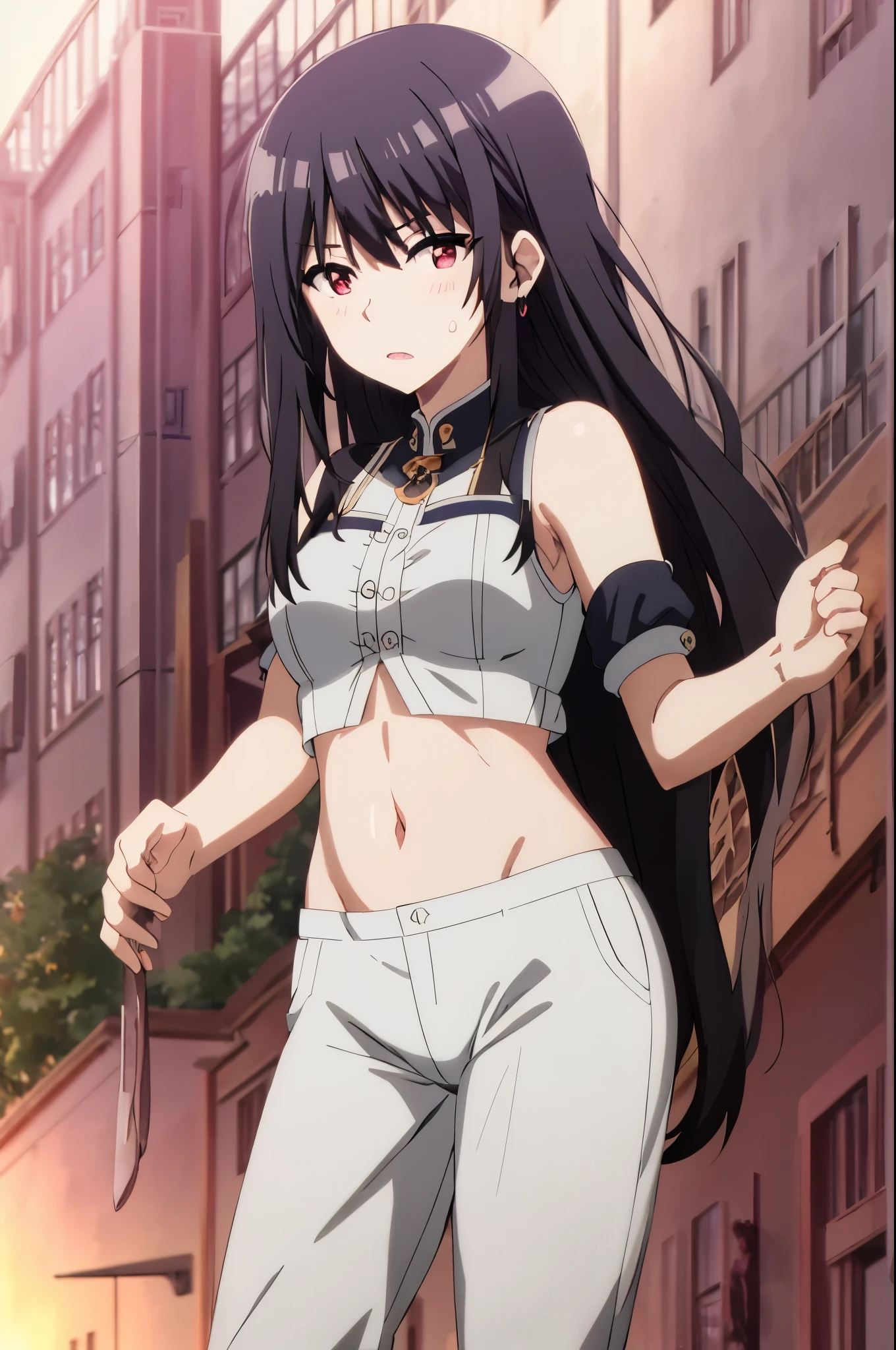 black hair,red eyes,masterpiece, best quality, high quality, highres, outdoors, looking at viewer, white shirt, crop top, midriff, navel, white pants,((embarrassment,blush))