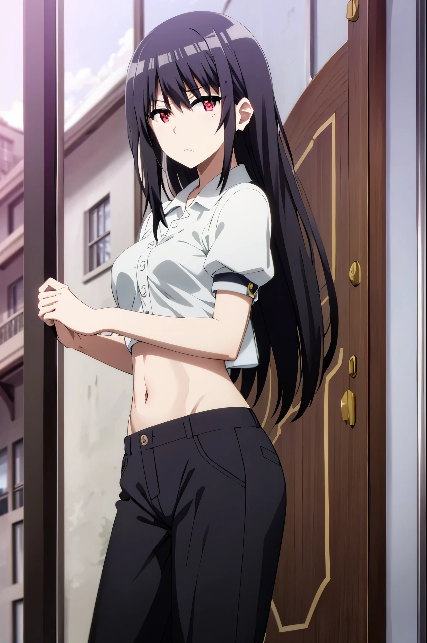 black hair,red eyes,masterpiece, best quality, high quality, highres, outdoors, looking at viewer, white shirt, crop top, midriff, navel, white pants,((embarrassment,blush))
