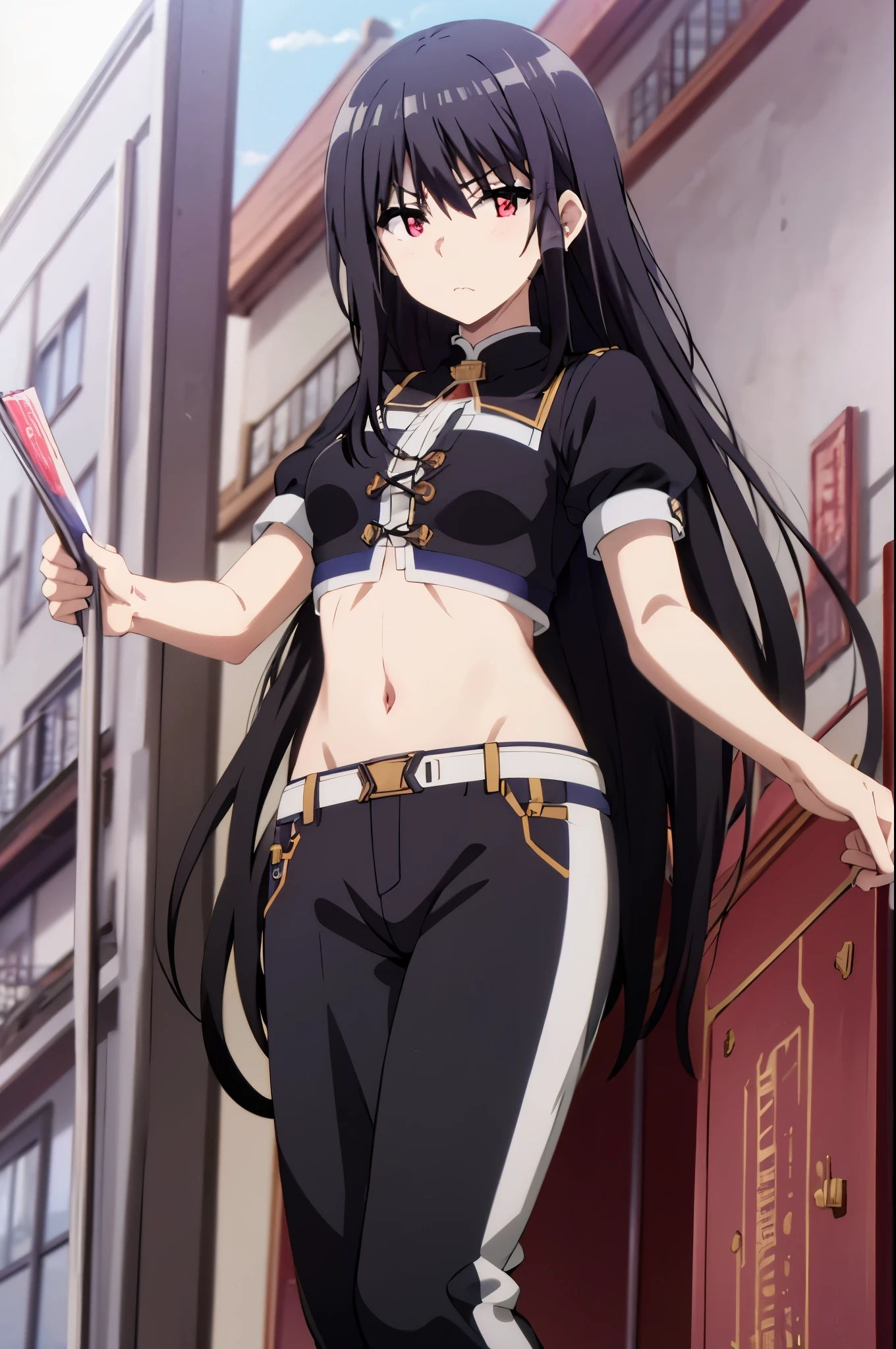 black hair,red eyes,masterpiece, best quality, high quality, highres, outdoors, looking at viewer, white shirt, crop top, midriff, navel, white pants,((embarrassment,blush))
