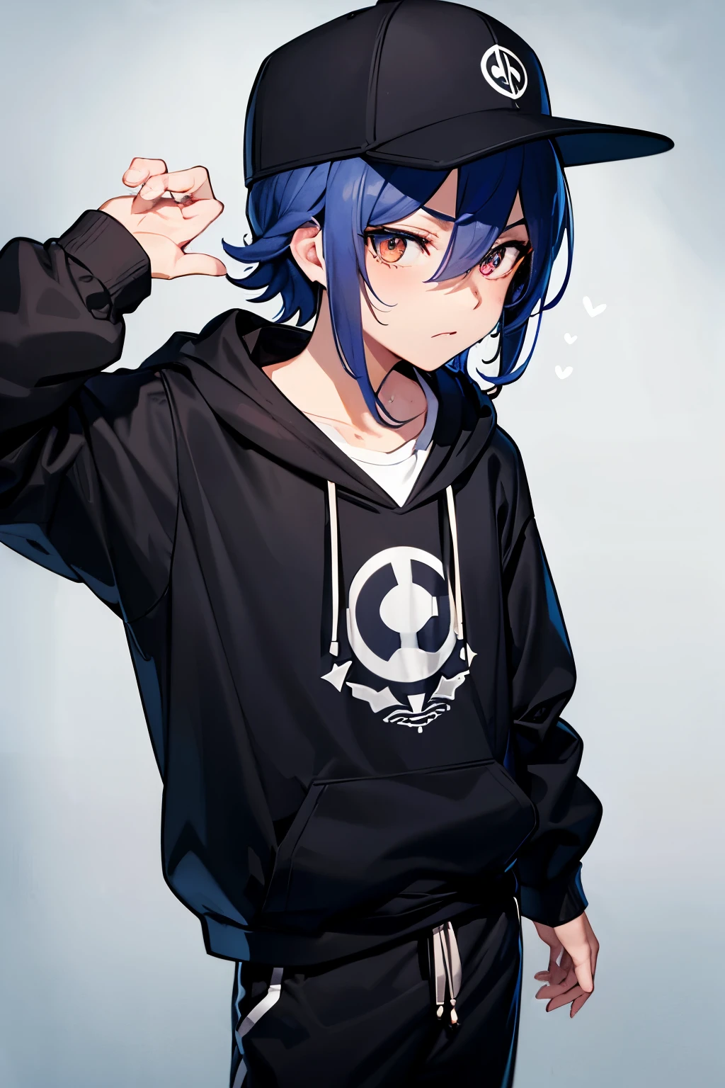Kazuki is an anime is of average height with a lean and athletic build. He has striking amber-colored eyes that seem to shimmer with determination and curiosity. His messy, dark blue hair falls just above his shoulders, often partially covered by a baseball cap adorned with a unique emblem symbolizing his personal quest. Kazuki's style combines elements of urban streetwear with practicality, often wearing a black hoodie over a white t-shirt, paired with cargo pants and sturdy boots.