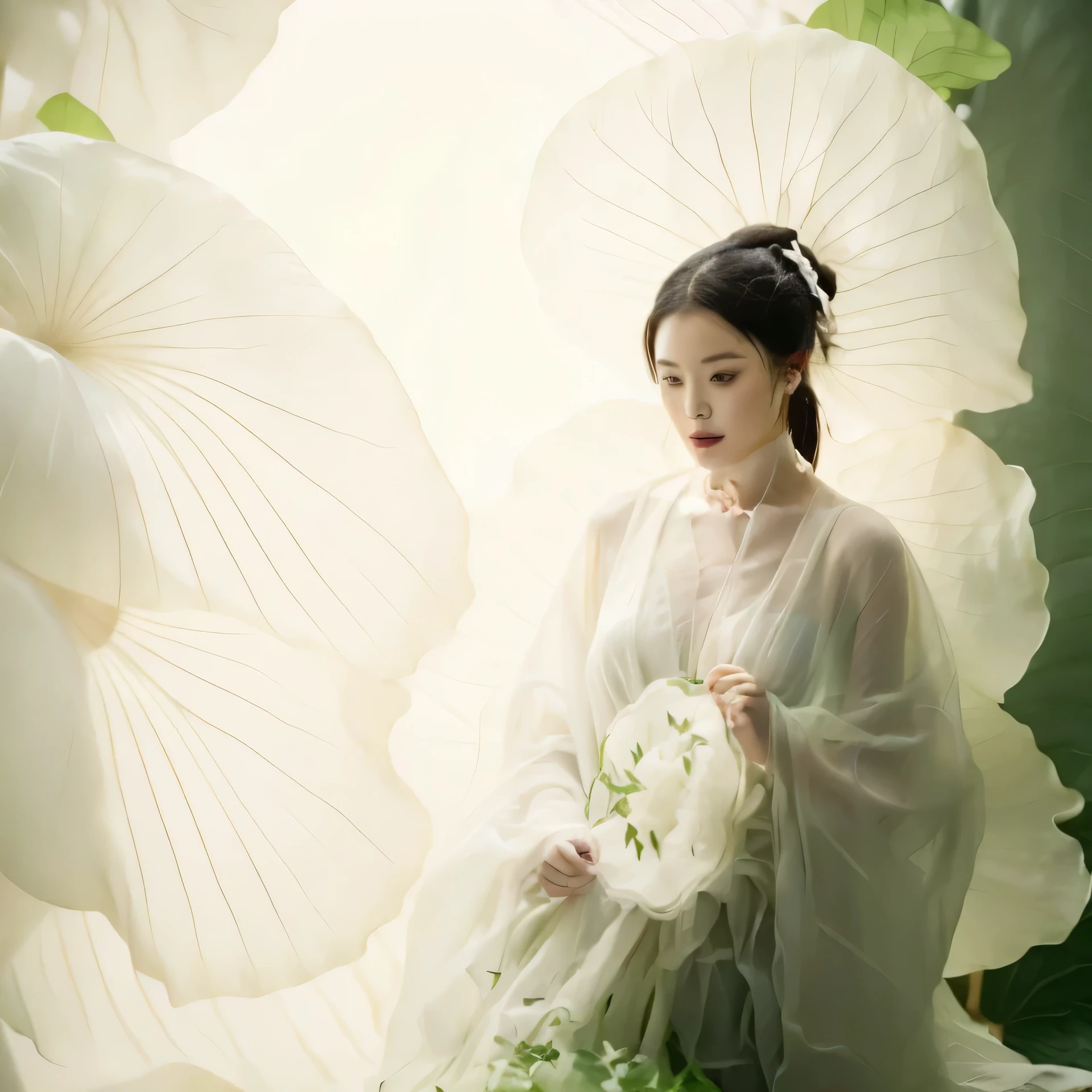 A girl，solo，Giant lotus leaf，Black Hair，dress，Looking at the audience，White skirt，Hair Bun，
Sitting，单Hair Bun，Leaves，Long sleeve，Red lips，Realism